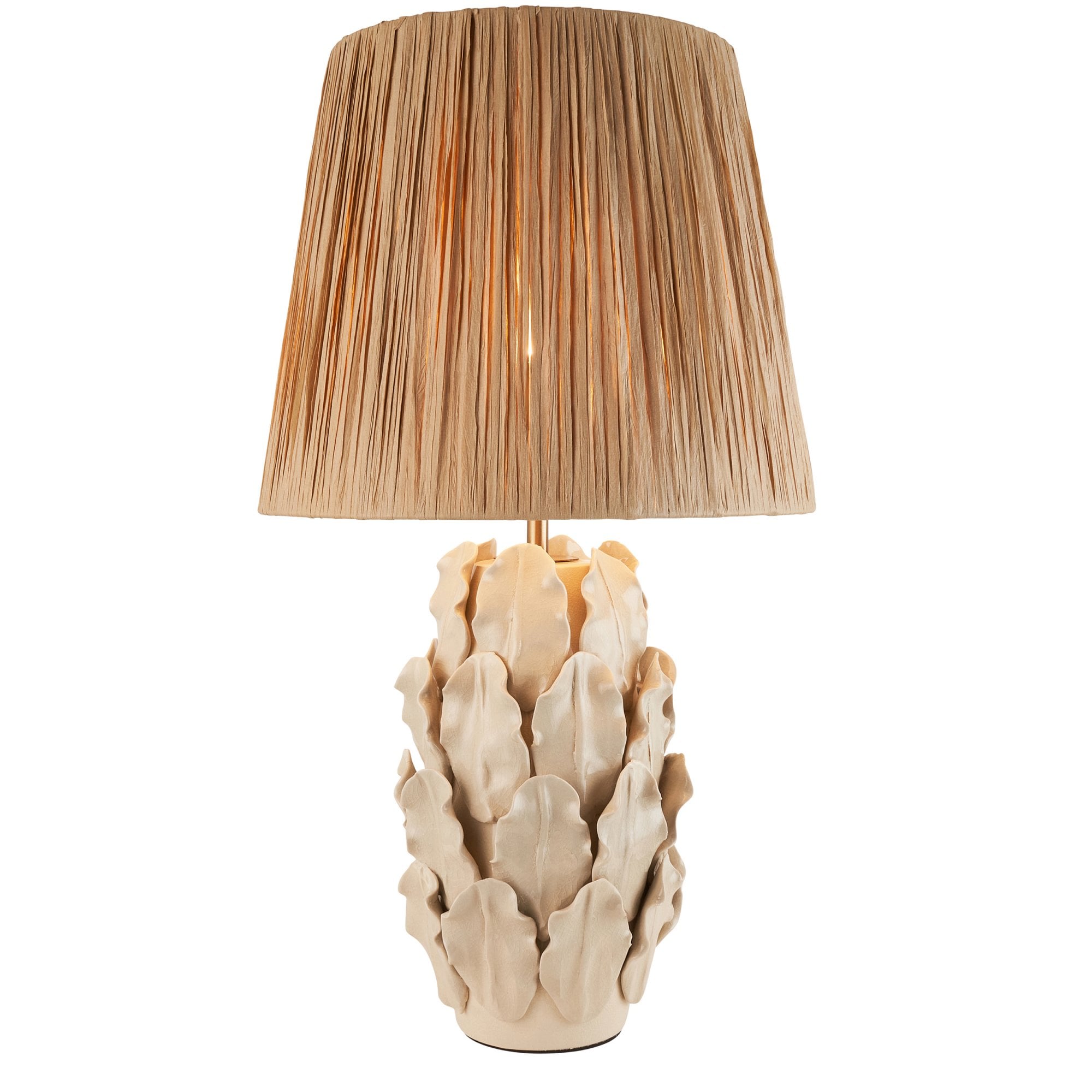 Endon Layered Decorative Leaf Ivory Crackle Glaze Ceramic Table Lamp & Raffia 32cm Natural Raffia Shade
