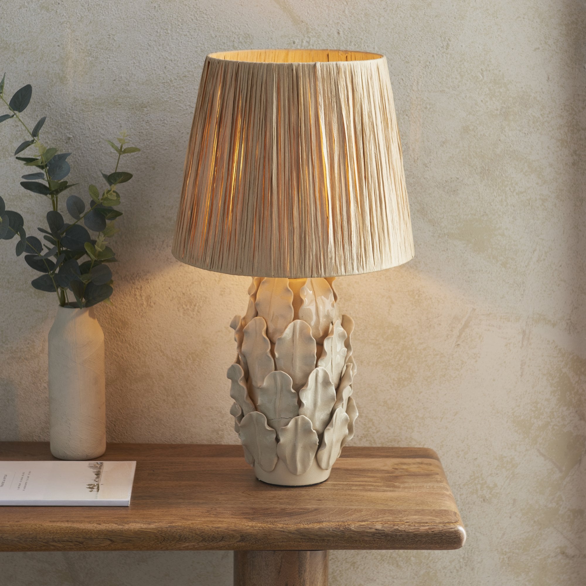 Endon Layered Decorative Leaf Ivory Crackle Glaze Ceramic Table Lamp & Raffia 32cm Natural Raffia Shade