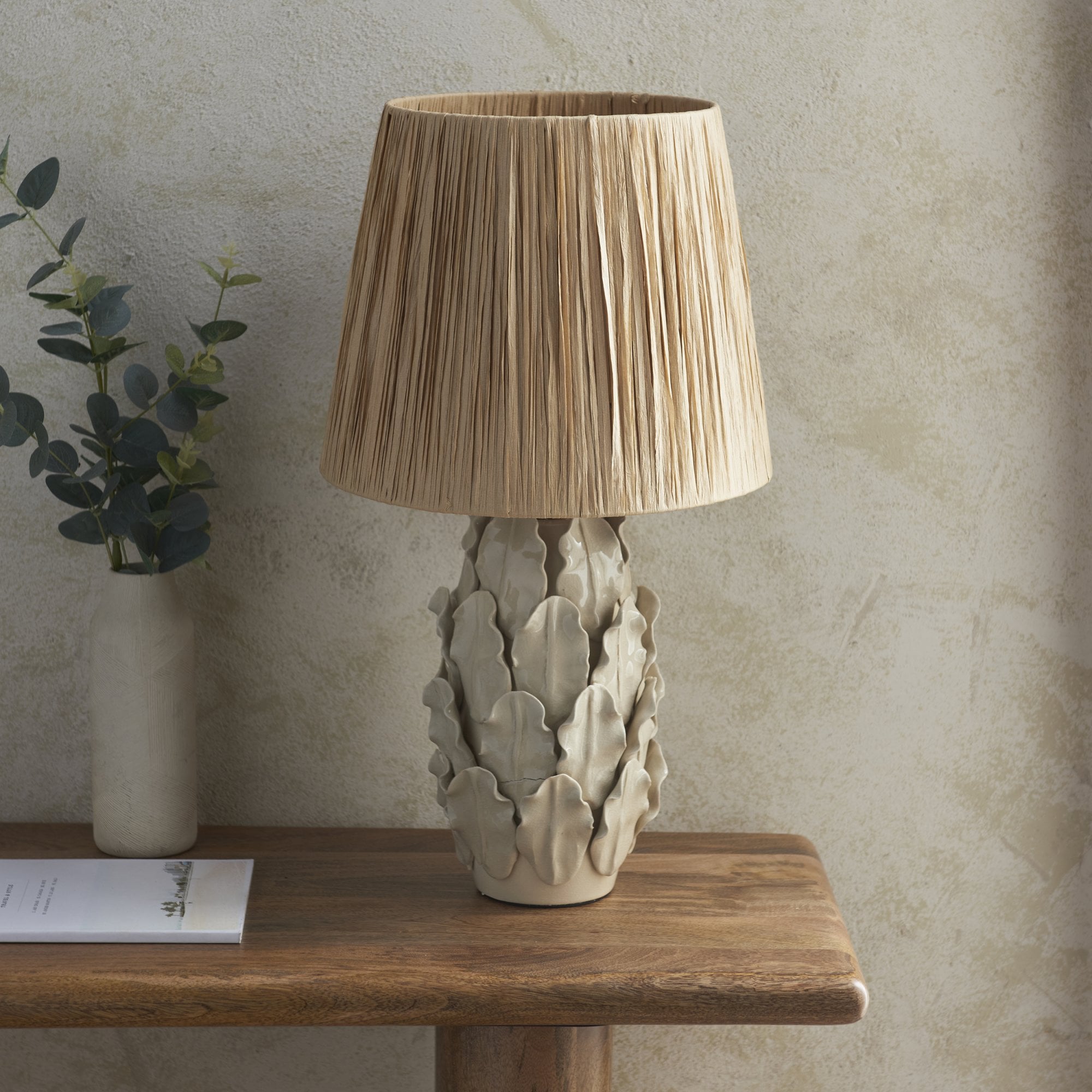 Endon Layered Decorative Leaf Ivory Crackle Glaze Ceramic Table Lamp & Raffia 32cm Natural Raffia Shade