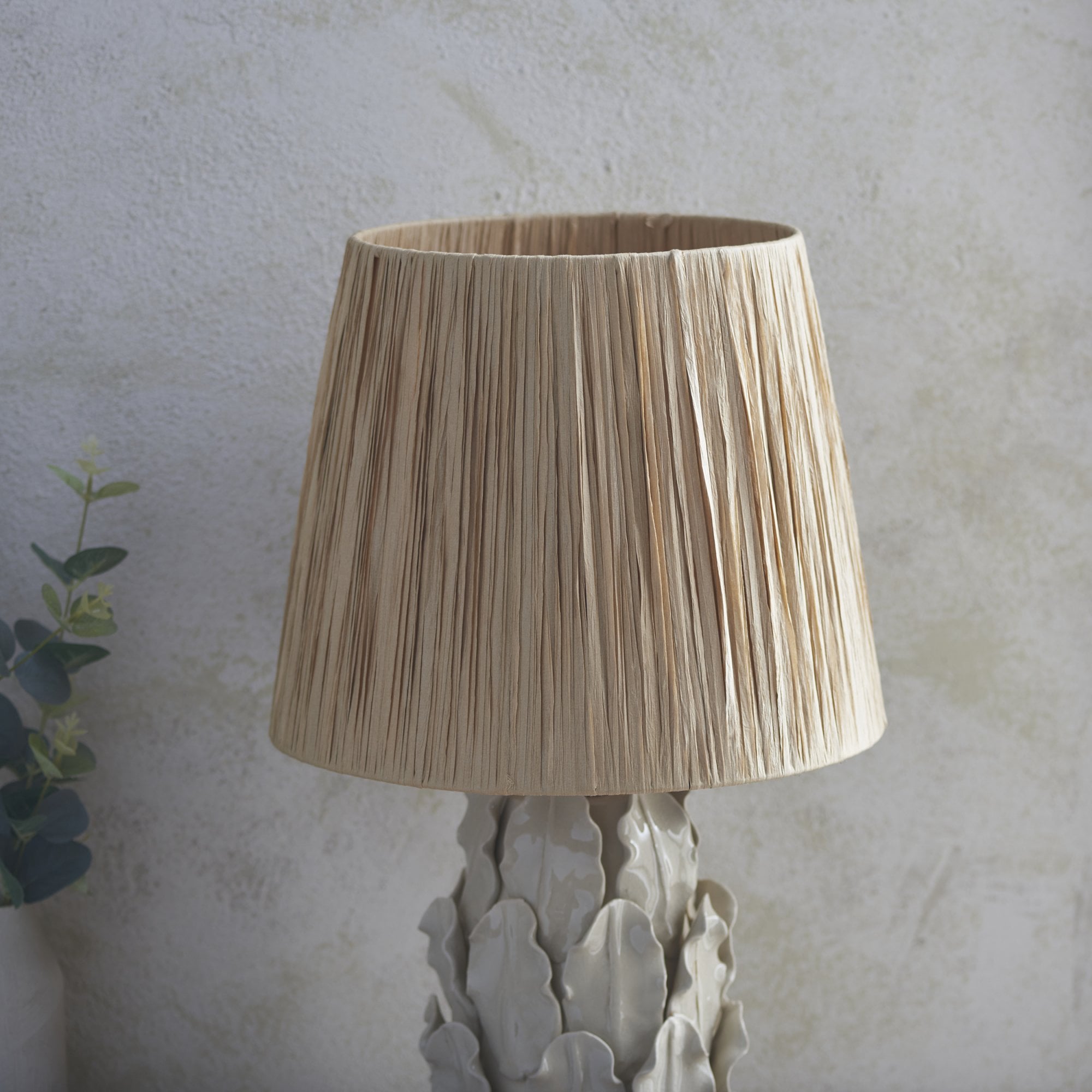 Endon Layered Decorative Leaf Ivory Crackle Glaze Ceramic Table Lamp & Raffia 32cm Natural Raffia Shade