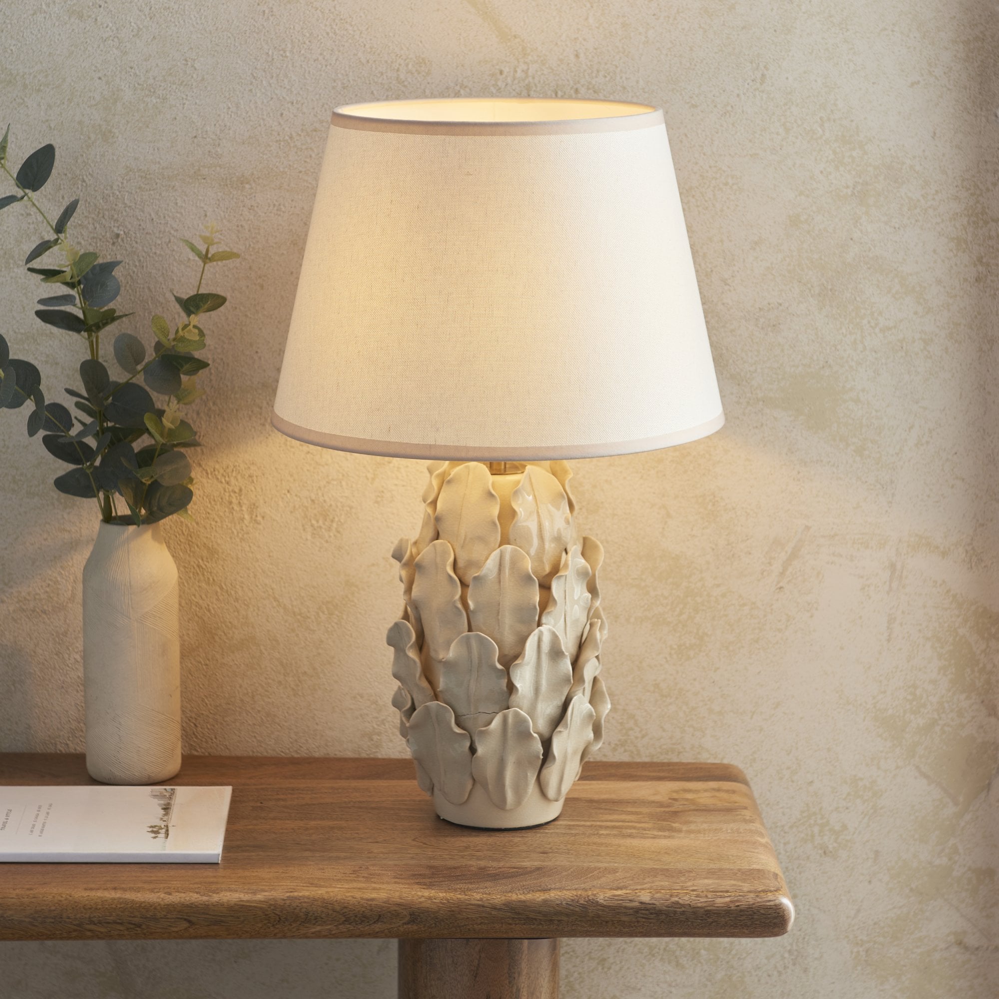 Endon Layered Ivory Crackle Glaze Ceramic Leaf Table Lamp & Ivy 35cm Vintage White Shade