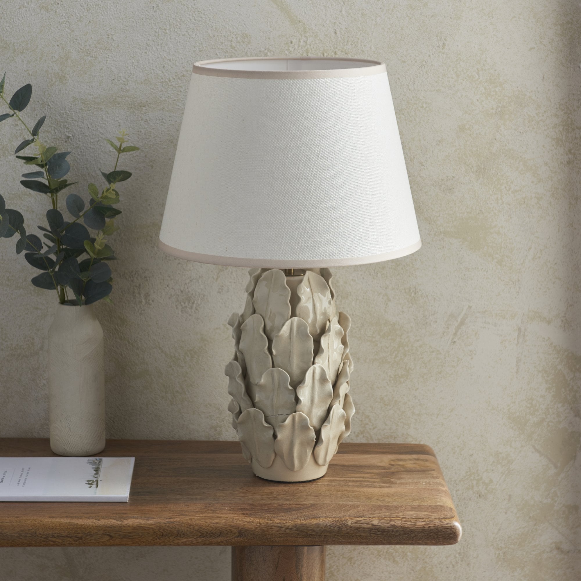 Endon Layered Ivory Crackle Glaze Ceramic Leaf Table Lamp & Ivy 35cm Vintage White Shade
