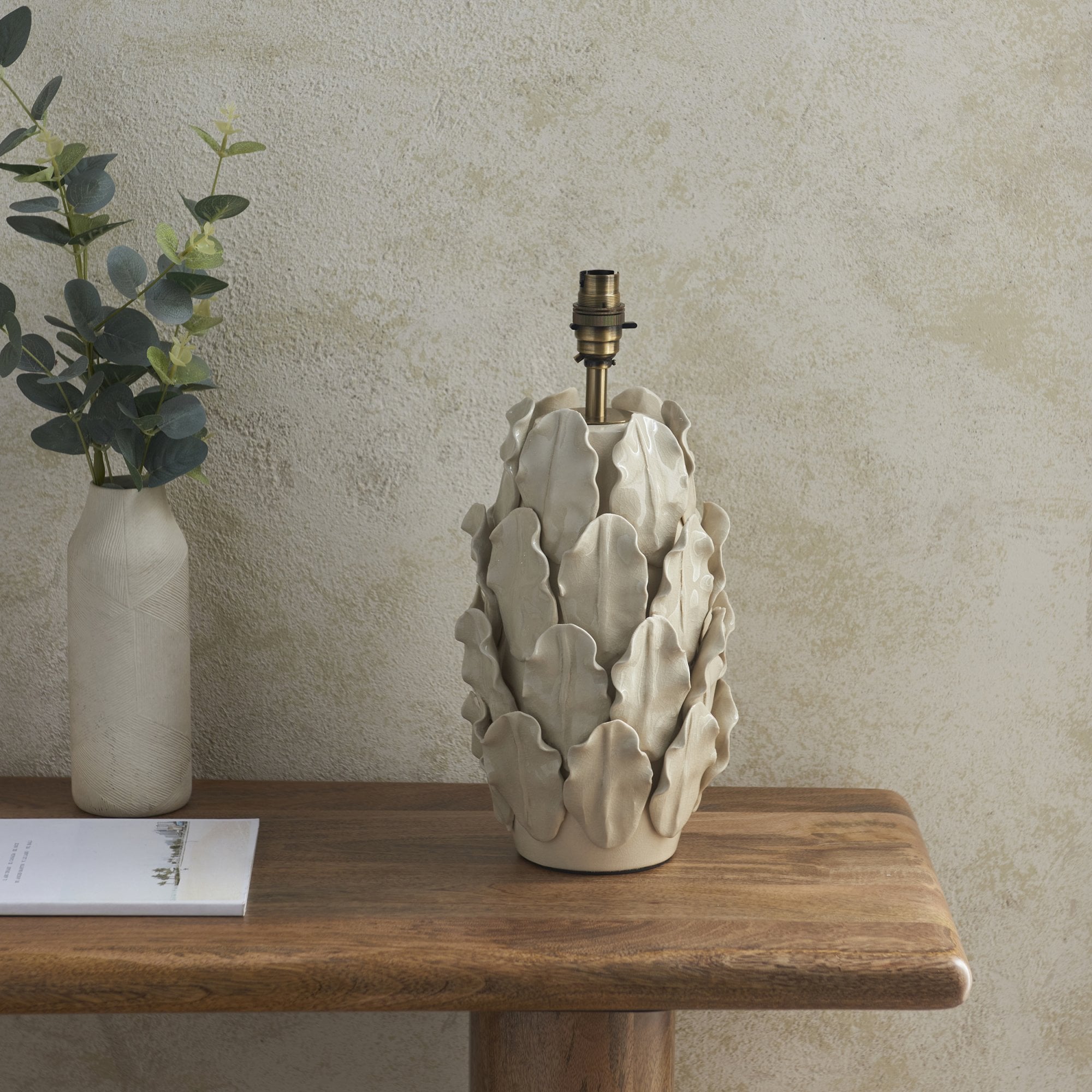 Endon Layered Ivory Crackle Glaze Ceramic Leaf Table Lamp & Ivy 35cm Vintage White Shade