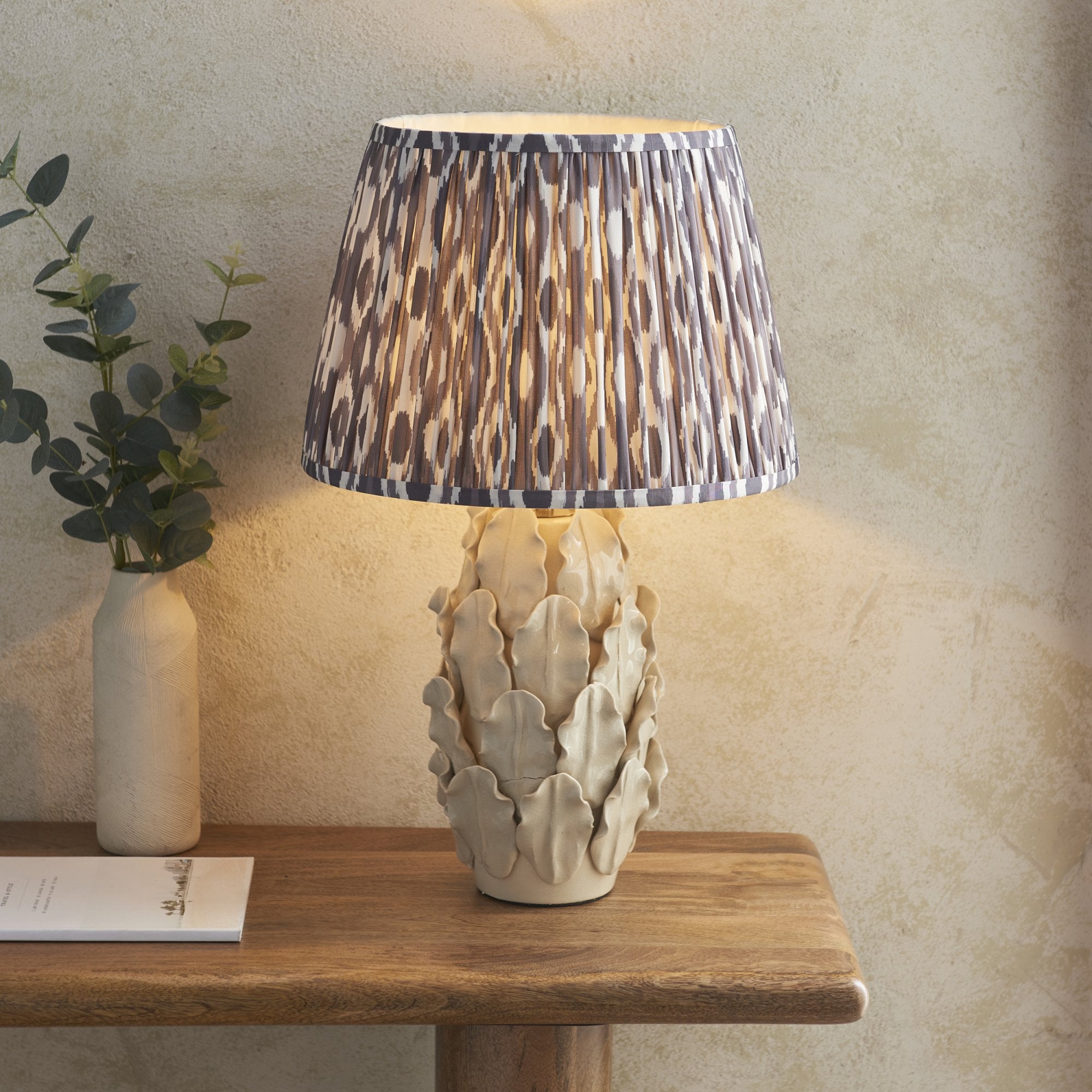 Endon Layered Leaf Ivory Crackle Glaze Ceramic Table Lamp & Ikat 35cm Pearl Grey Shade