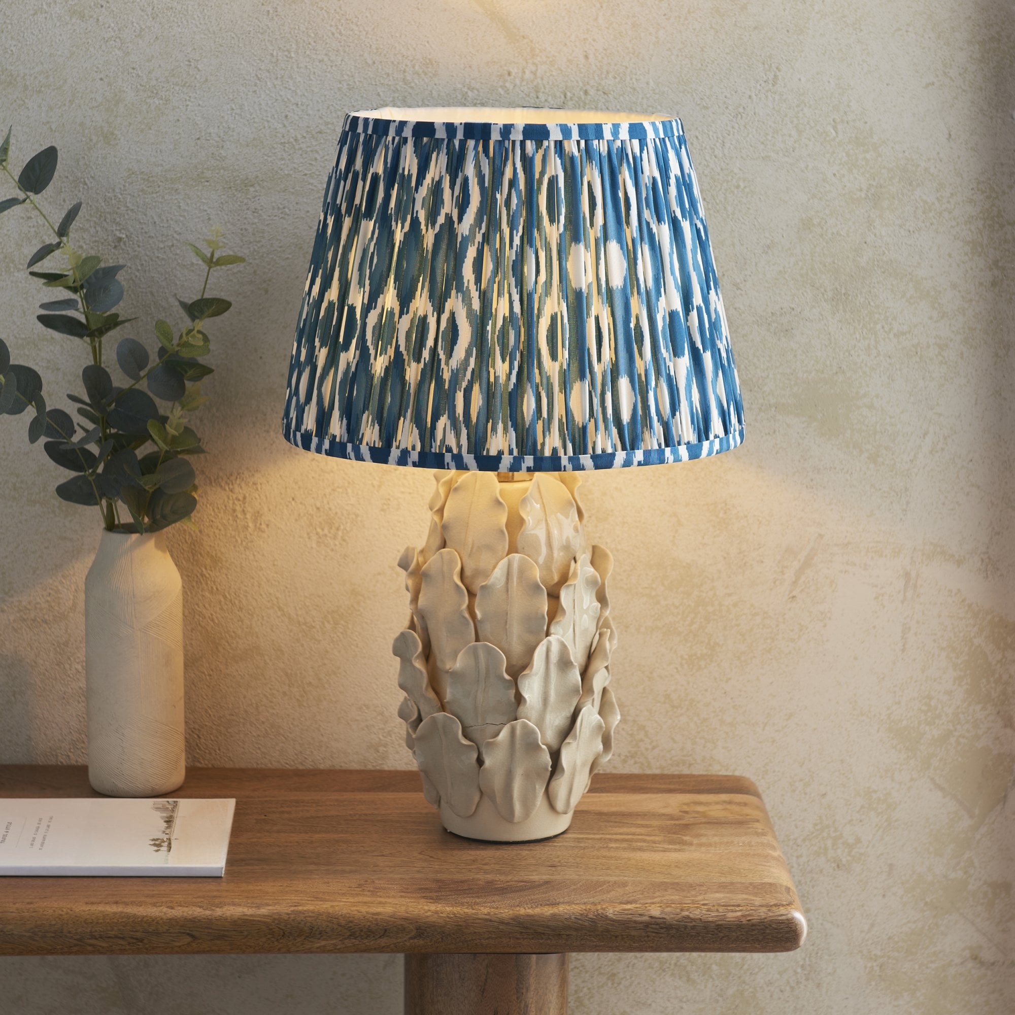 Endon Layered Leaf Ivory Crackle Glaze Ceramic Table Lamp & Ikat 35cm Marlin Blue Shade