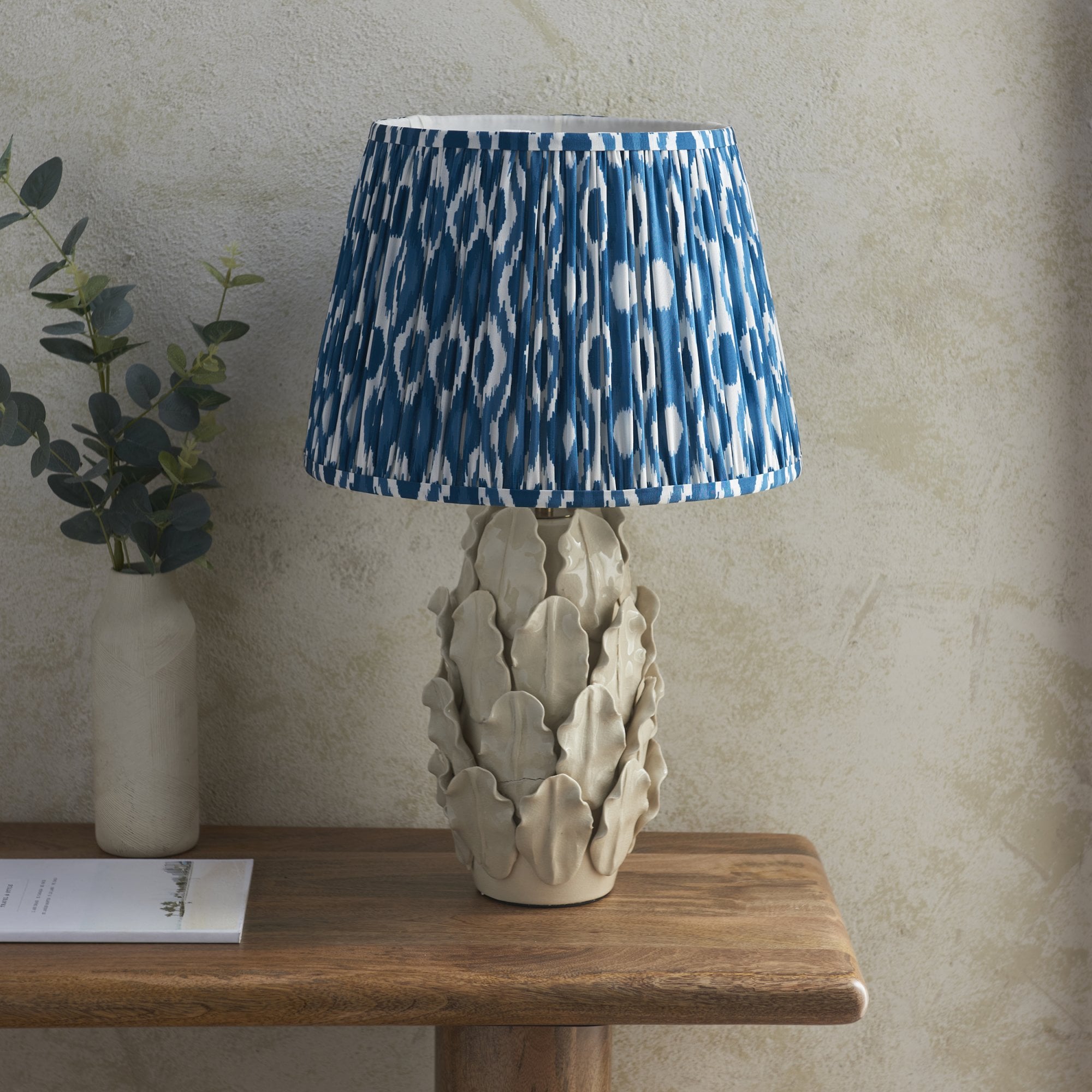 Endon Layered Leaf Ivory Crackle Glaze Ceramic Table Lamp & Ikat 35cm Marlin Blue Shade
