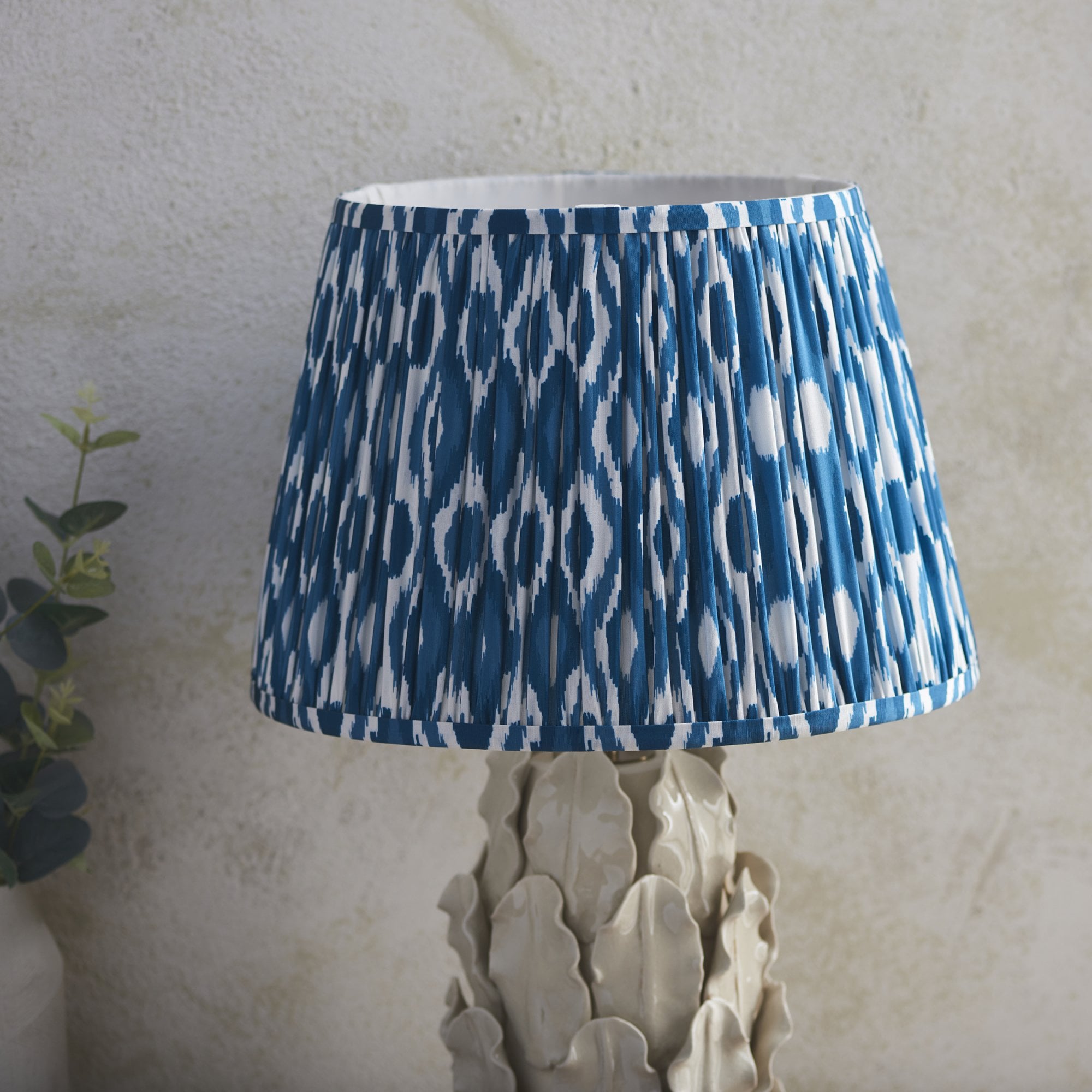 Endon Layered Leaf Ivory Crackle Glaze Ceramic Table Lamp & Ikat 35cm Marlin Blue Shade