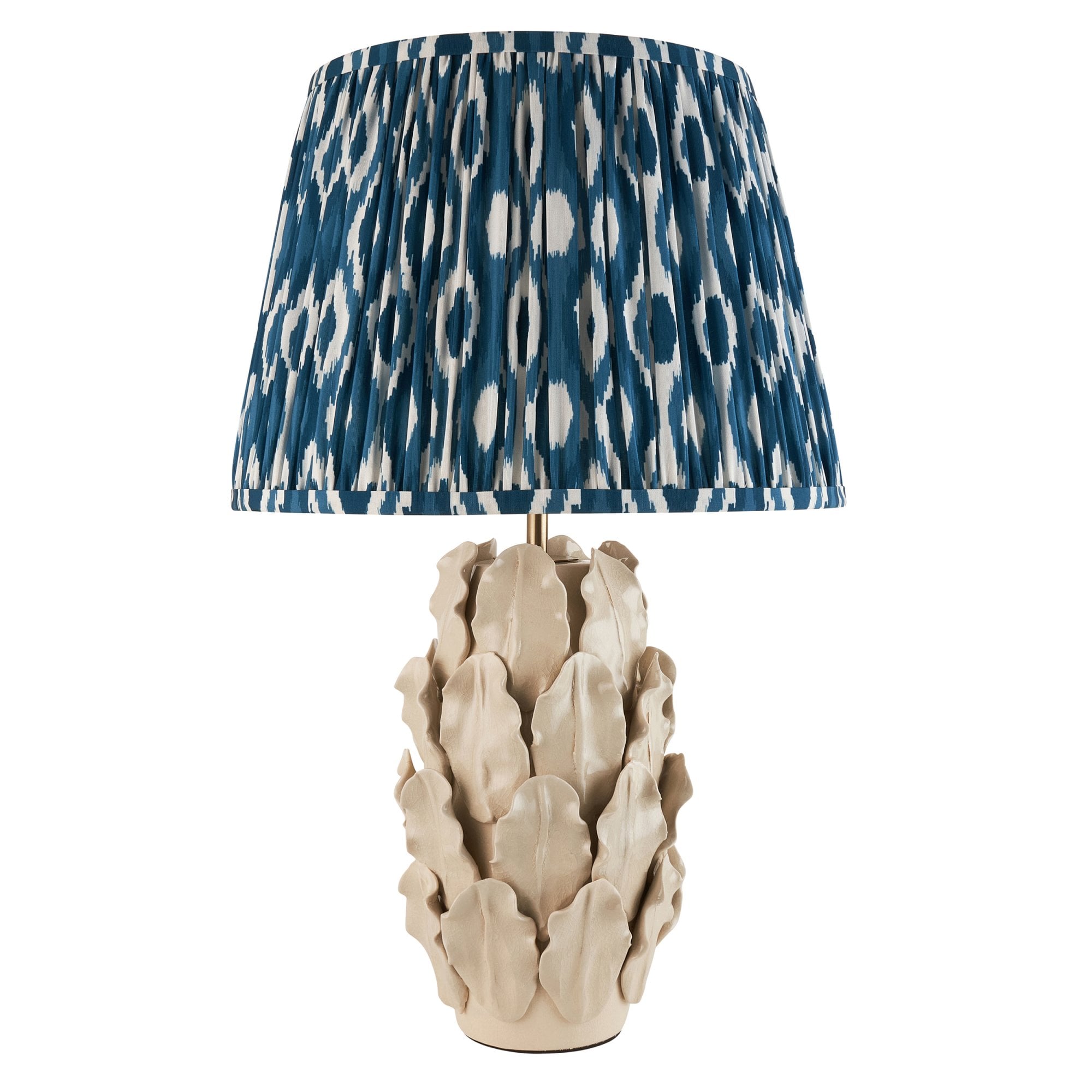 Endon Layered Leaf Ivory Crackle Glaze Ceramic Table Lamp & Ikat 35cm Marlin Blue Shade