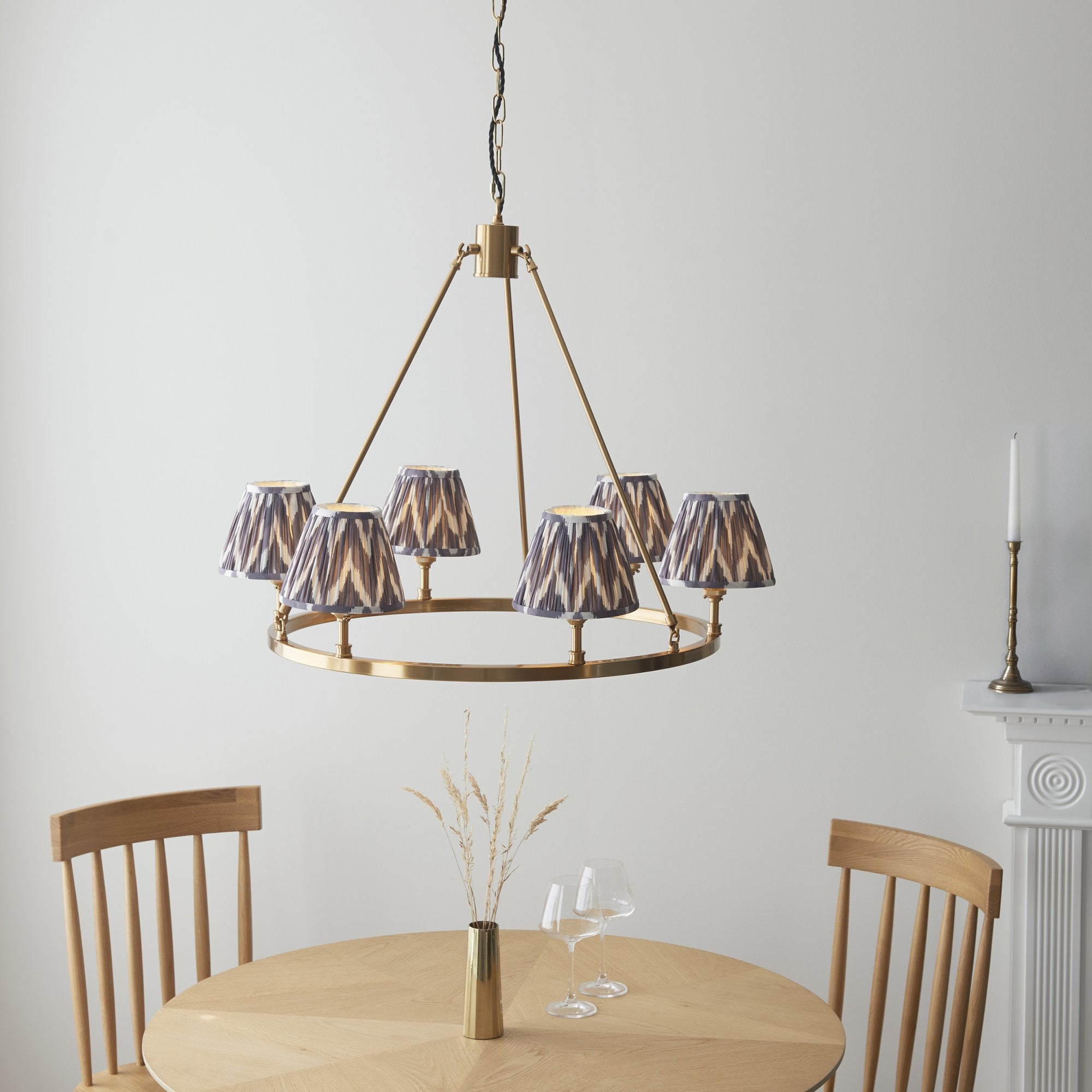 Endon Chester Aged Brass Plate 3 Light Pendant & Zigzag 16cm Pearl Grey Shade