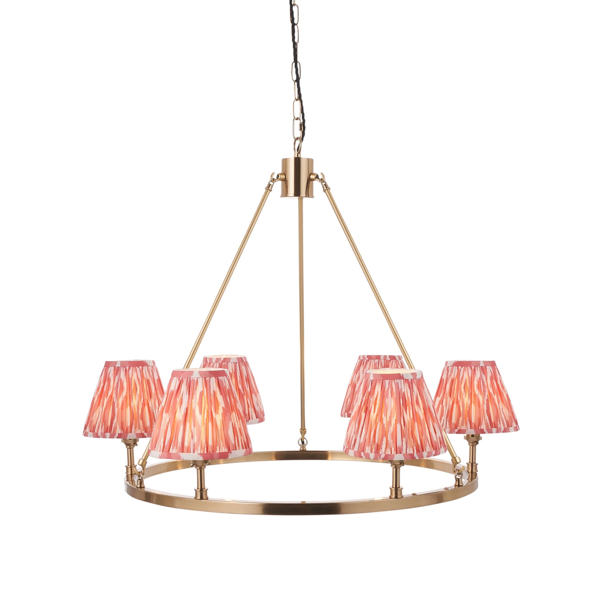 Endon Chester Aged Brass Plate 3 Light Pendant & Ikat 16cm Coral Pink Shade