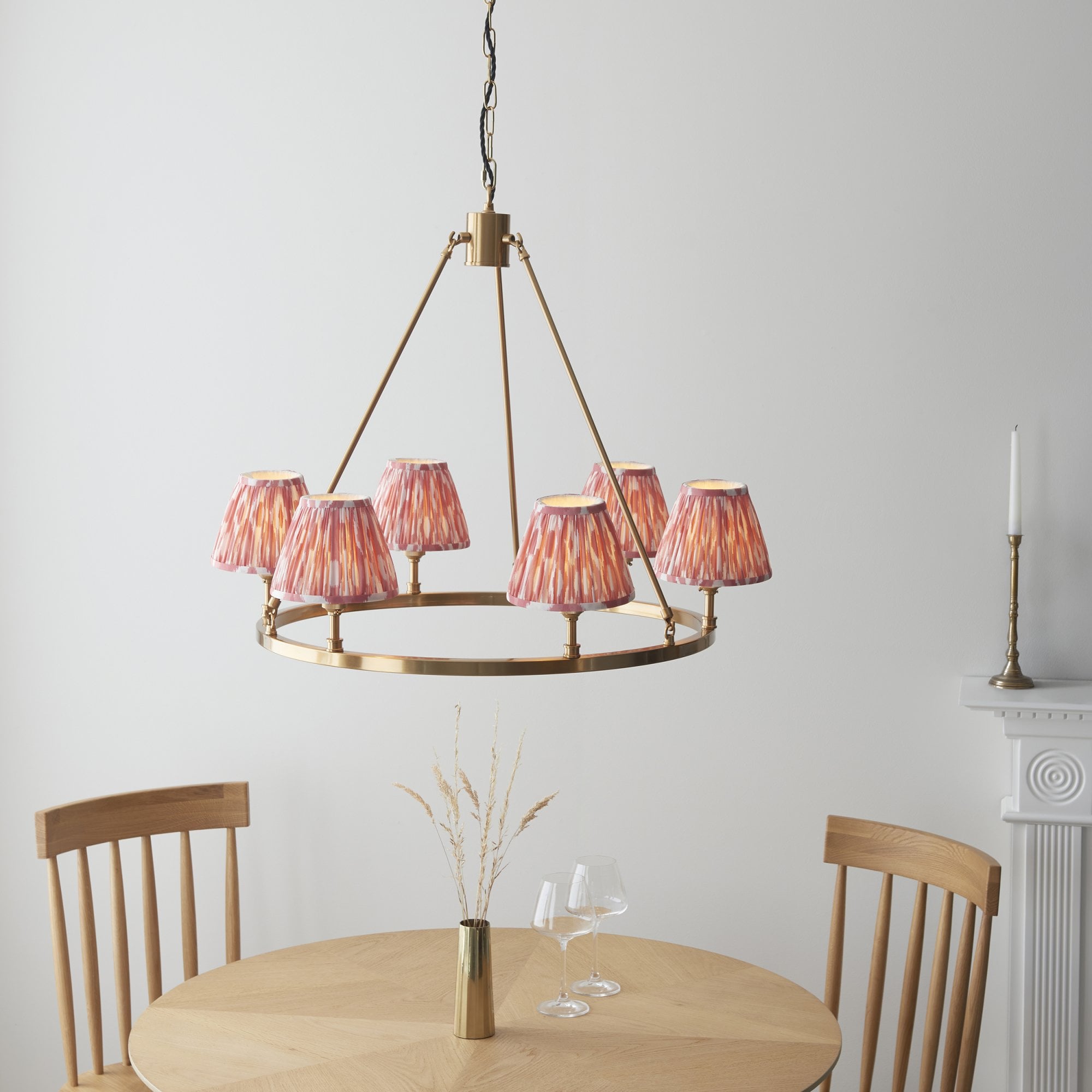 Endon Chester Aged Brass Plate 3 Light Pendant & Ikat 16cm Coral Pink Shade