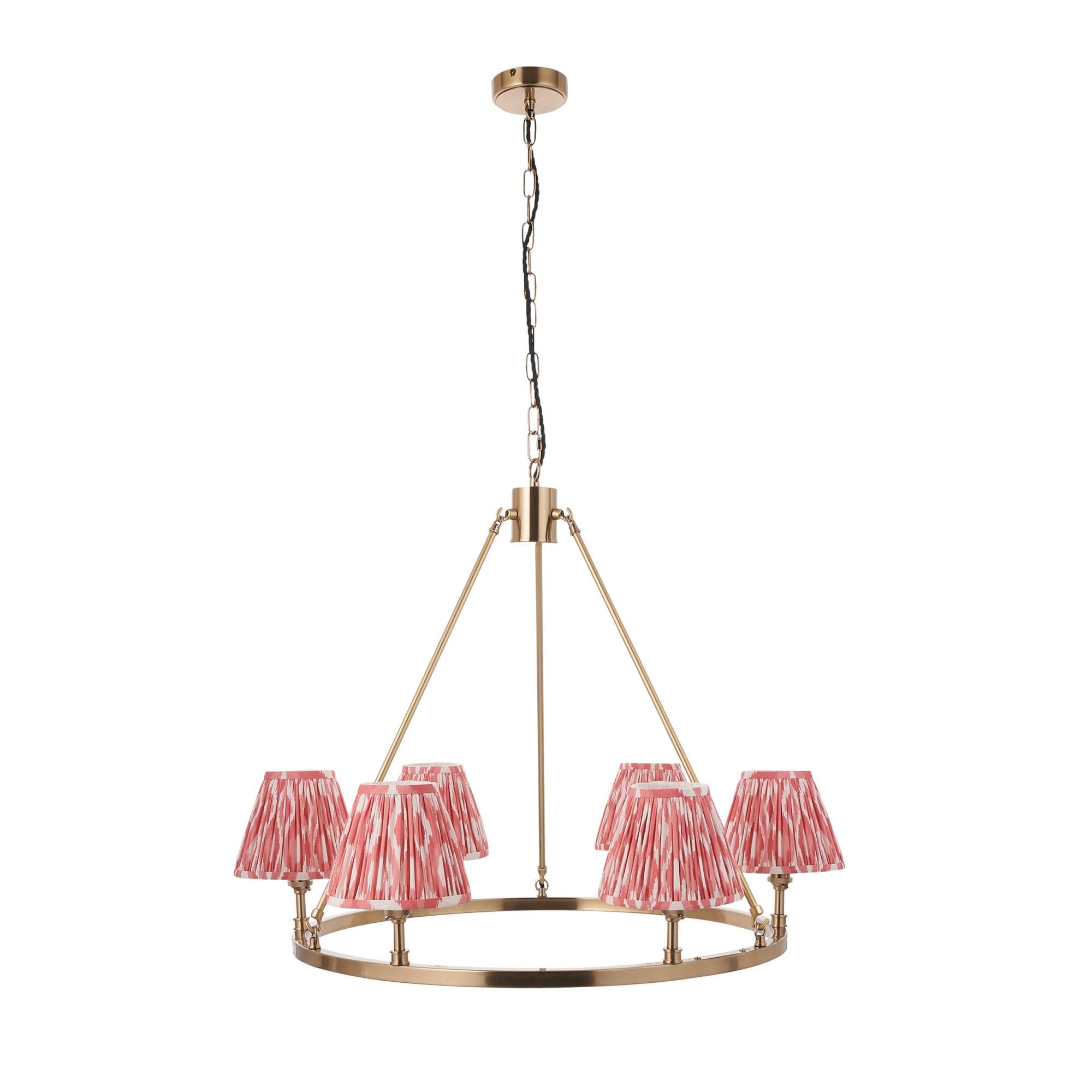 Endon Chester Aged Brass Plate 3 Light Pendant & Ikat 16cm Coral Pink Shade