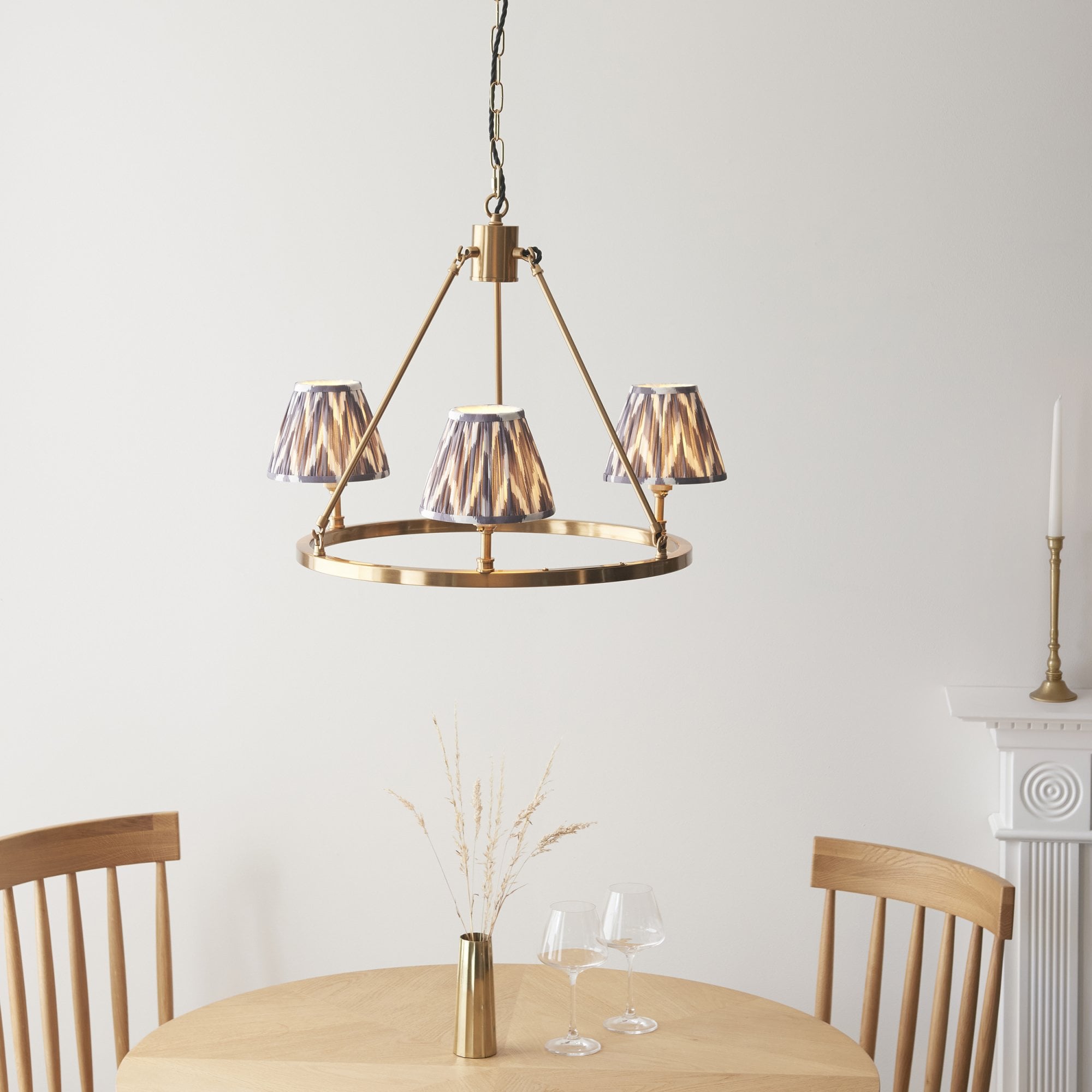 Endon Chester Aged Brass Plate 6 Light Pendant & Zigzag 16cm Pearl Grey Shade