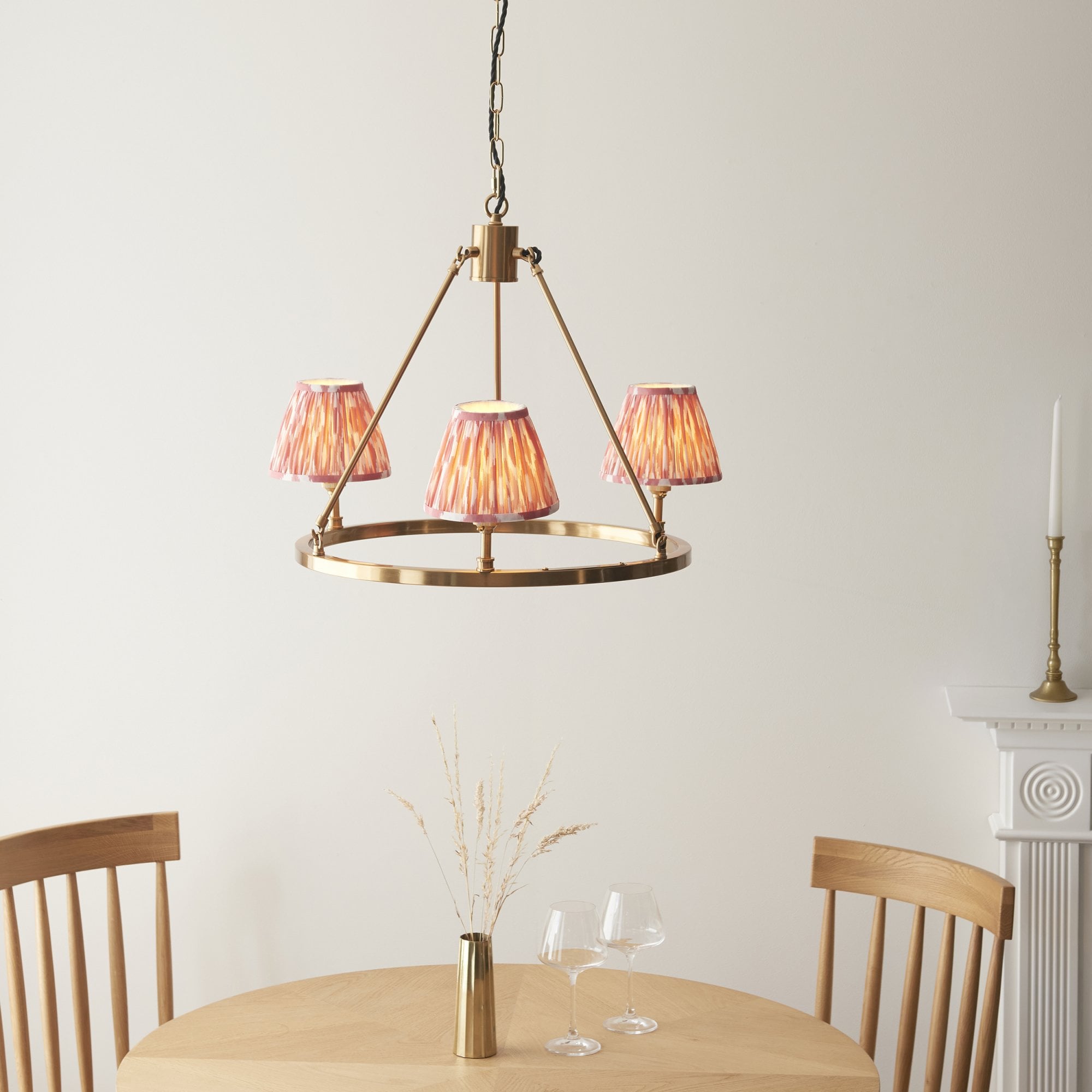 Endon Chester Aged Brass Plate 3 Light Pendant & Ikat 16cm Coral Pink Shade
