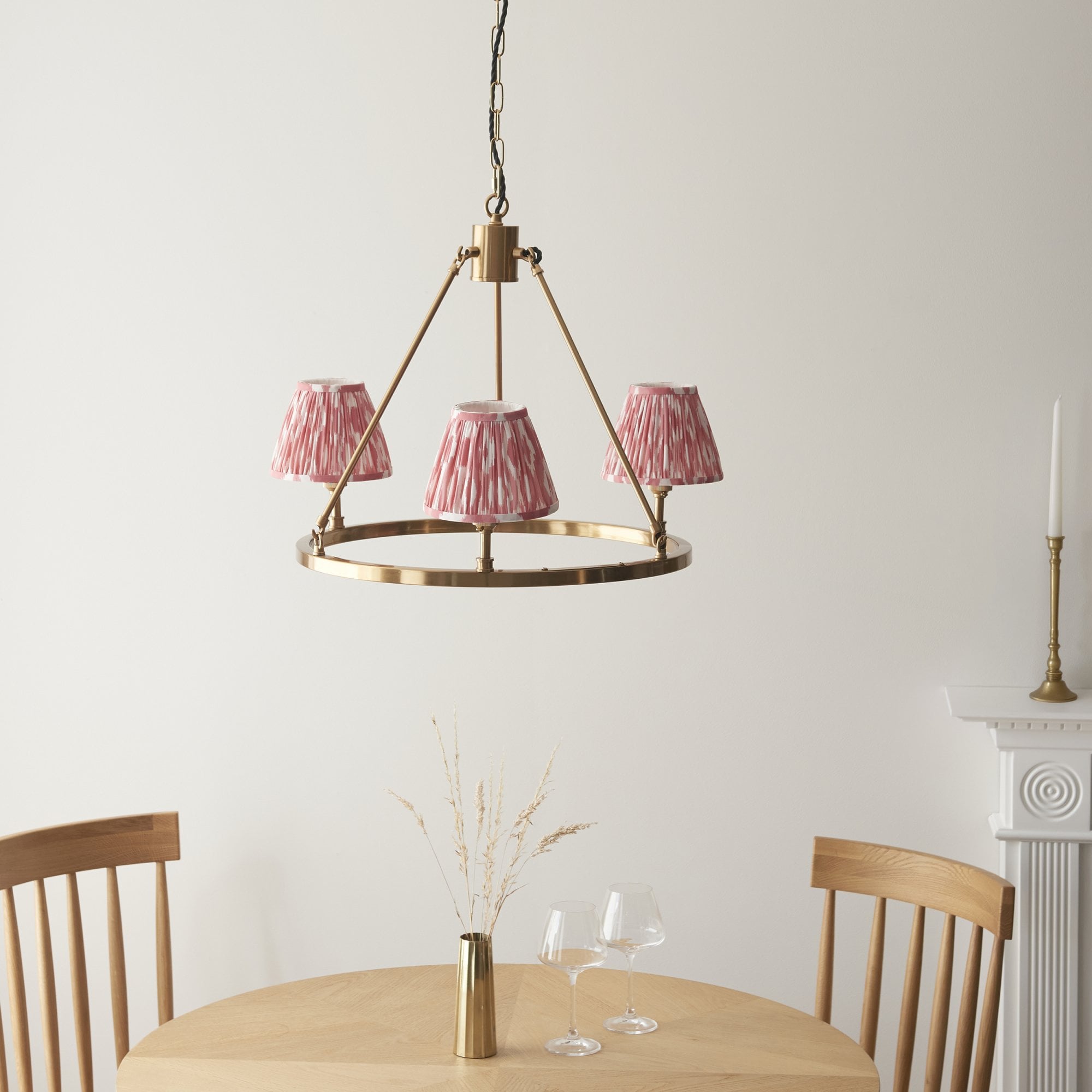 Endon Chester Aged Brass Plate 6 Light Pendant & Ikat 16cm Coral Pink Shade