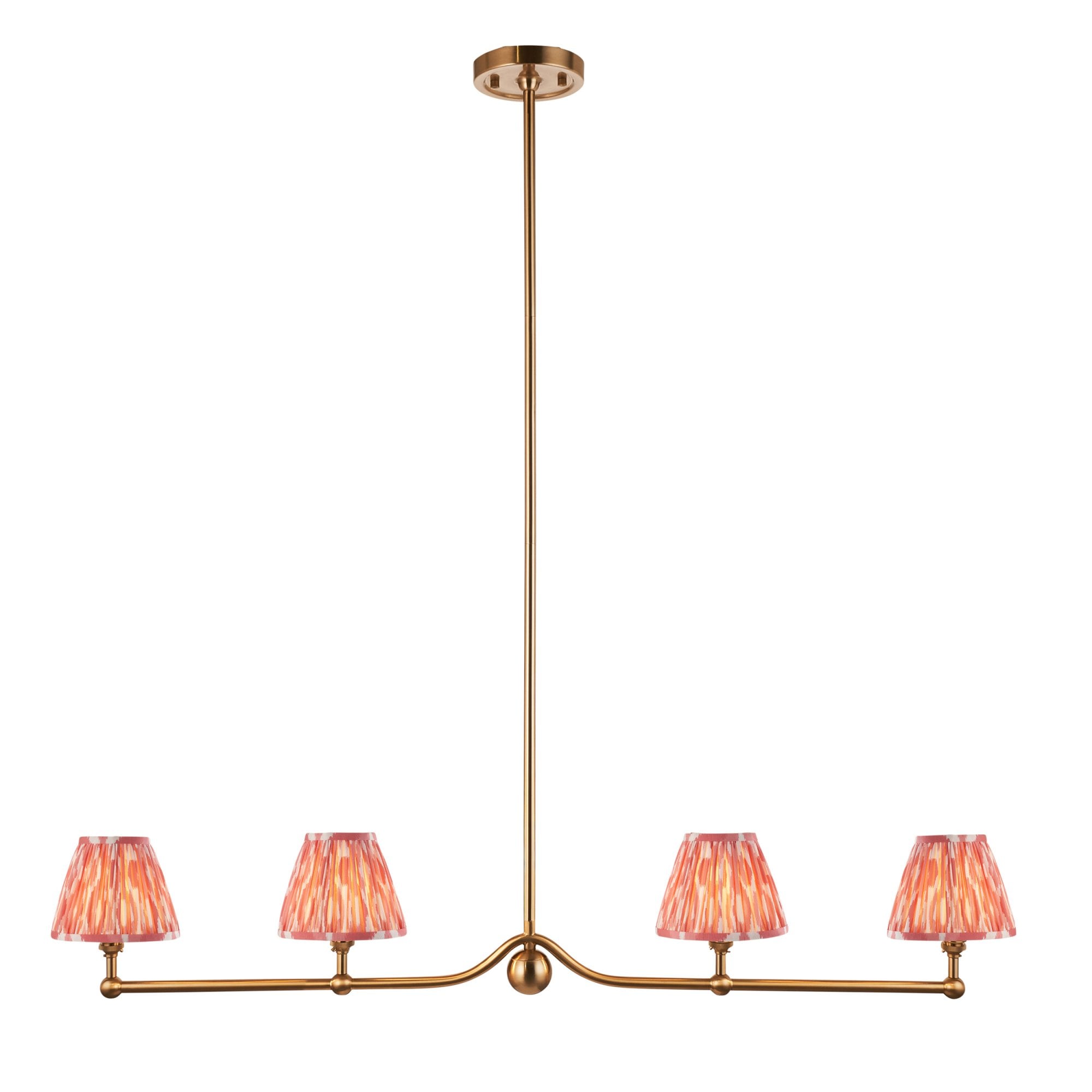 Endon Santiago Linear Brushed Aged Brass 4 Light Pendant & Ikat 16cm Coral Pink Shade