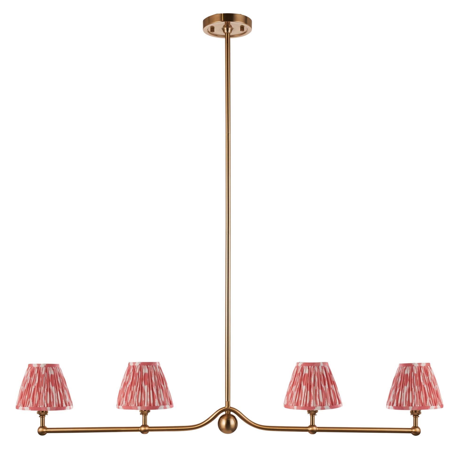 Endon Santiago Linear Brushed Aged Brass 4 Light Pendant & Ikat 16cm Coral Pink Shade