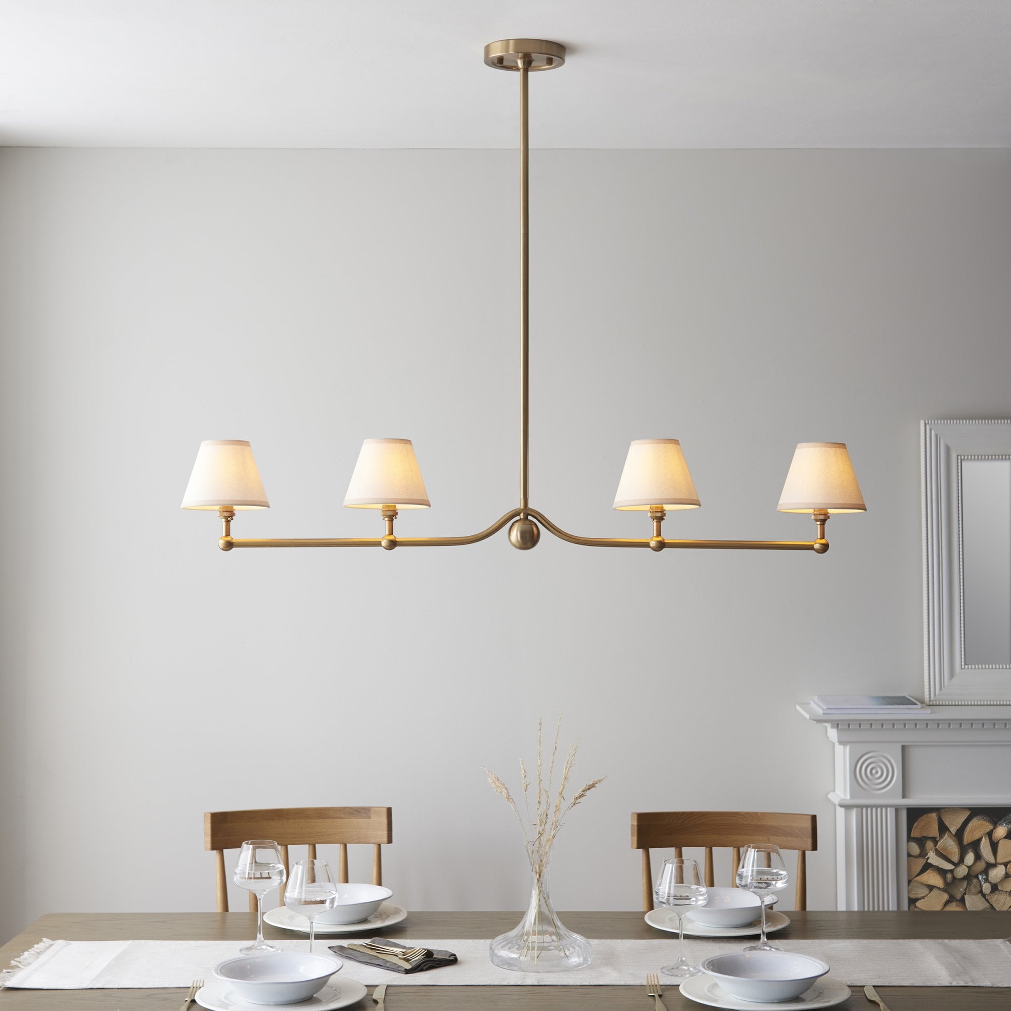 Endon Santiago Linear Brushed Aged Brass 4 Light Pendant & Ivy 16cm Vintage White Shade