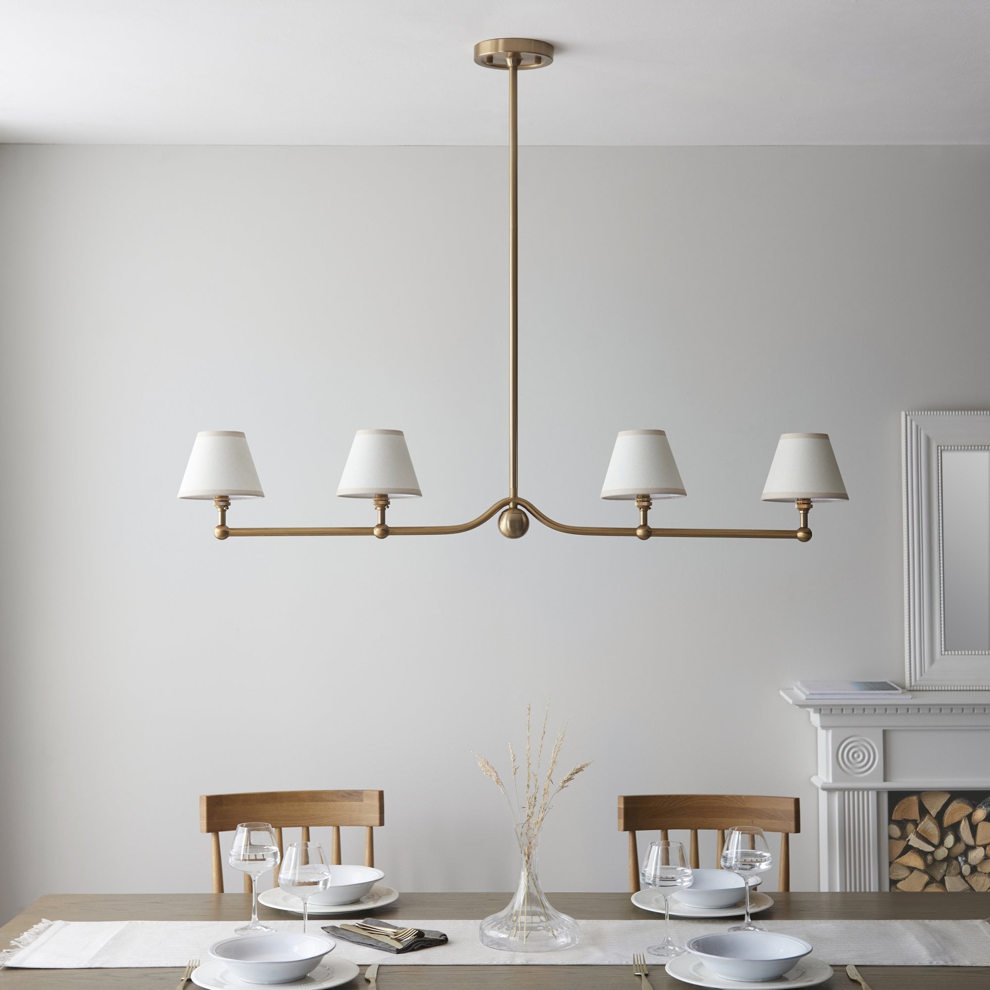 Endon Santiago Linear Brushed Aged Brass 4 Light Pendant & Ivy 16cm Vintage White Shade