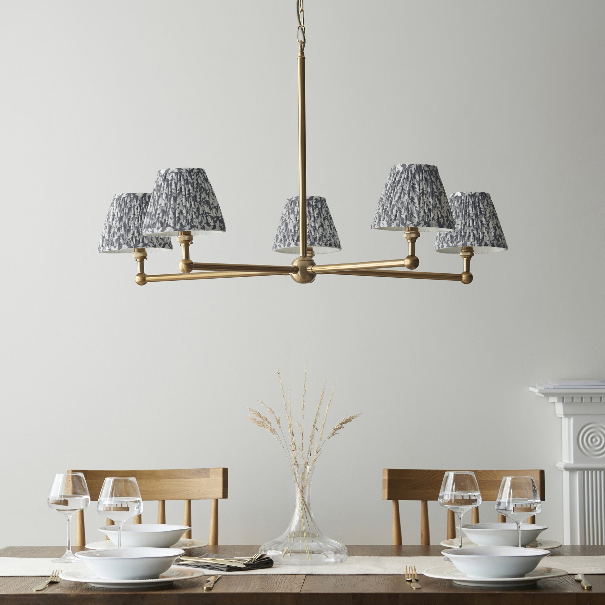 Endon Santiago Brushed Aged Brass 5 Light Pendant & Leaf 16cm Pearl Grey Shade