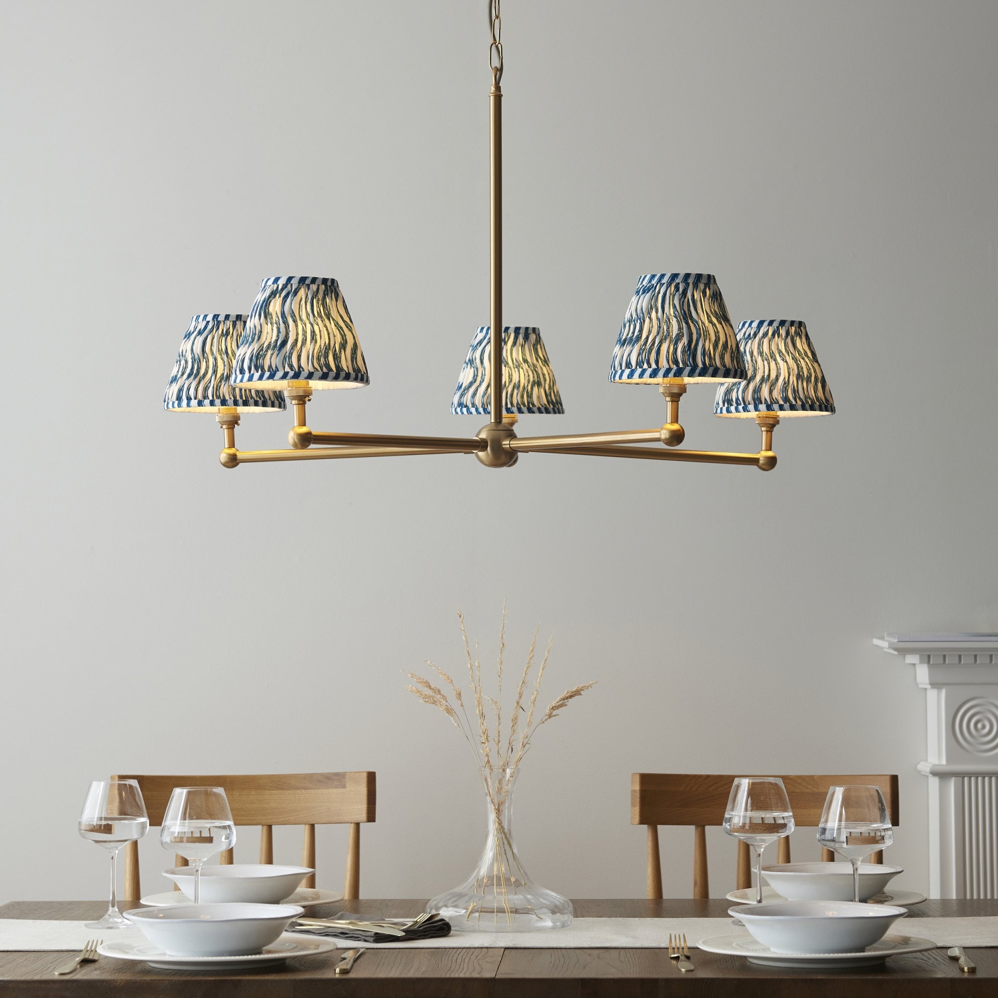 Endon Santiago Brushed Aged Brass 5 Light Pendant & Ripple 16cm Marlin Blue Shade