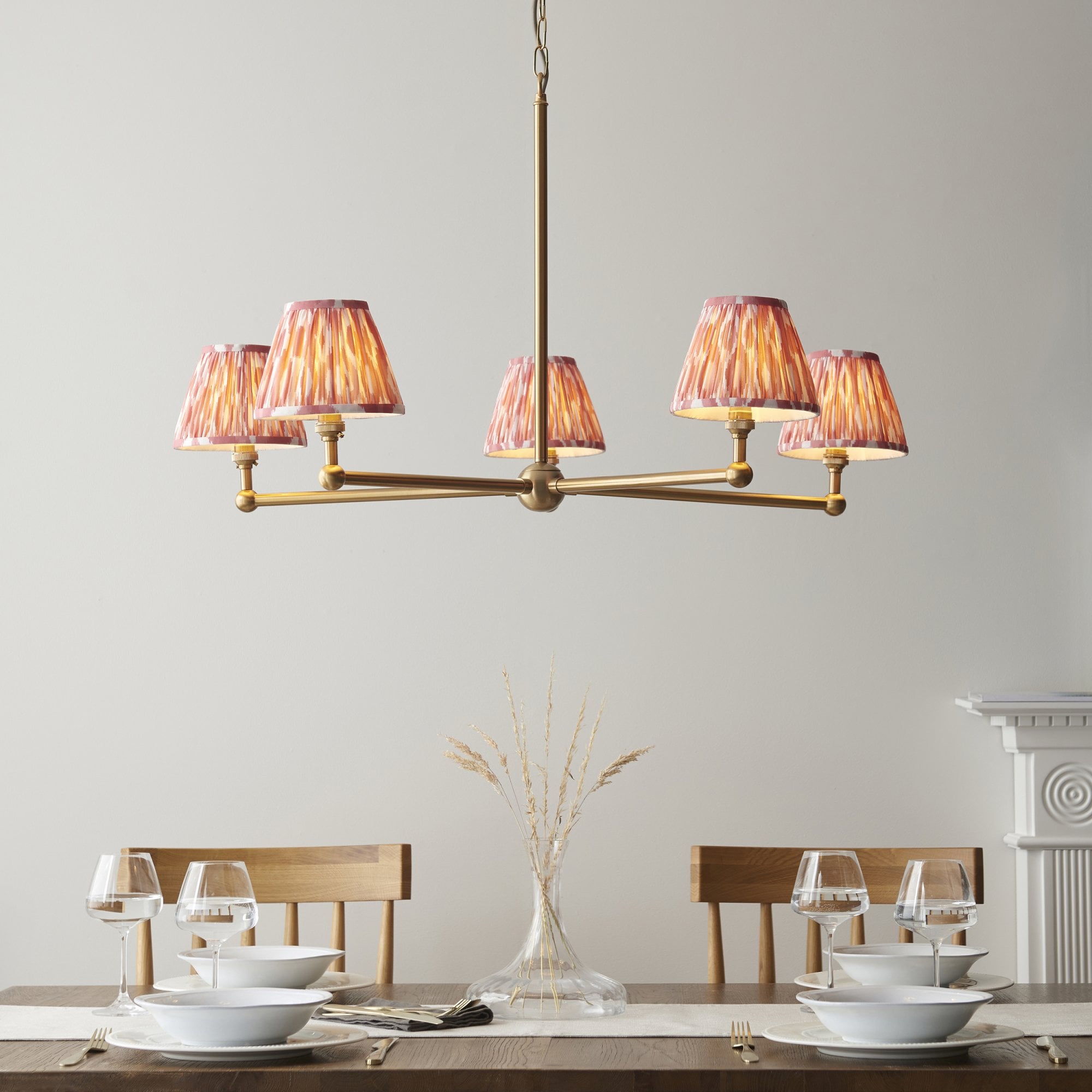 Endon Santiago Brushed Aged Brass 5 Light Pendant & Ikat 16cm Coral Pink Shade