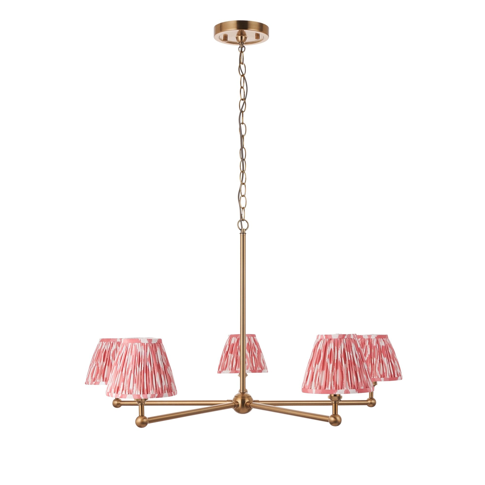 Endon Santiago Brushed Aged Brass 5 Light Pendant & Ikat 16cm Coral Pink Shade
