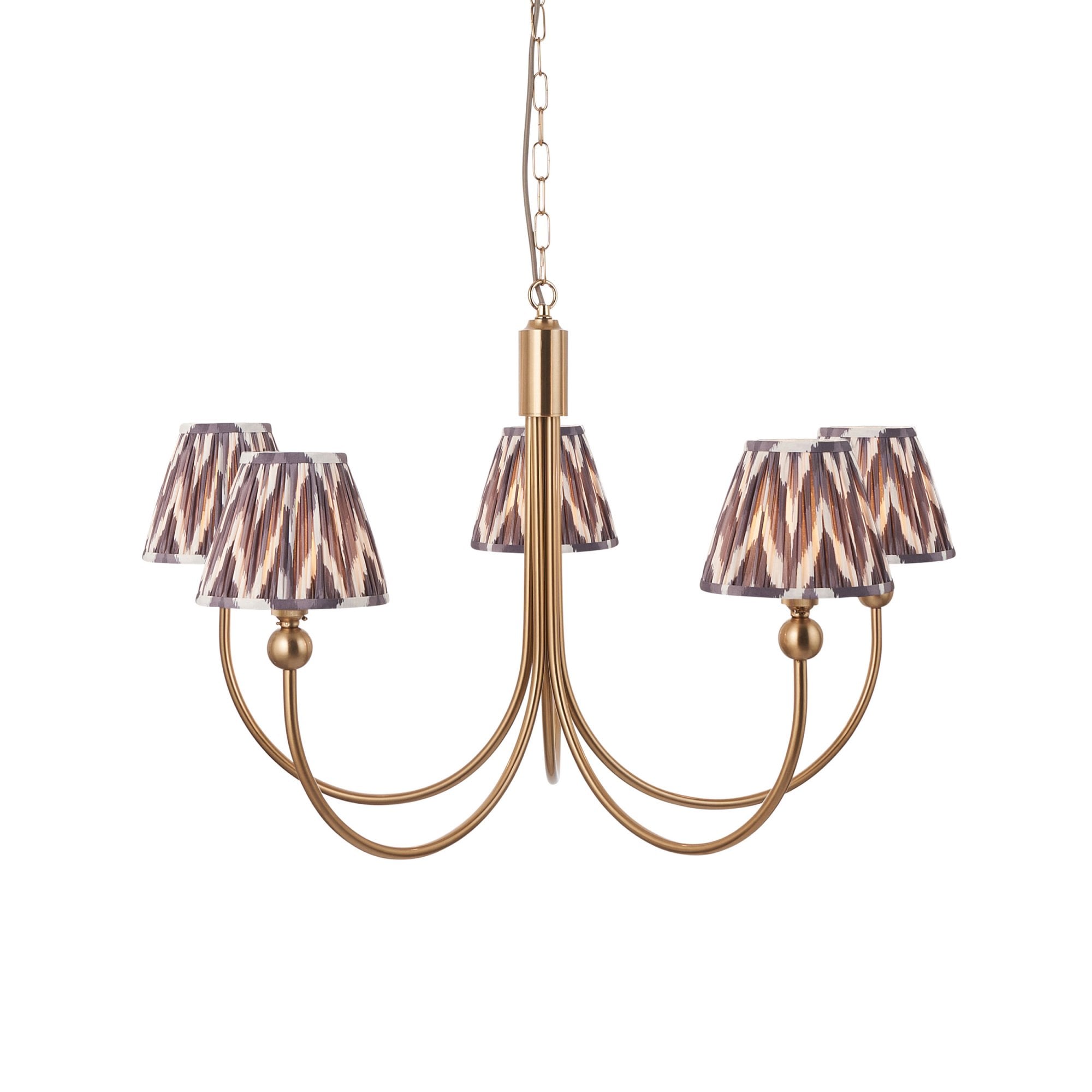 Endon Santiago Curved Brushed Aged Brass 5 Light Pendant & Zigzag 16cm Pearl Grey Shade