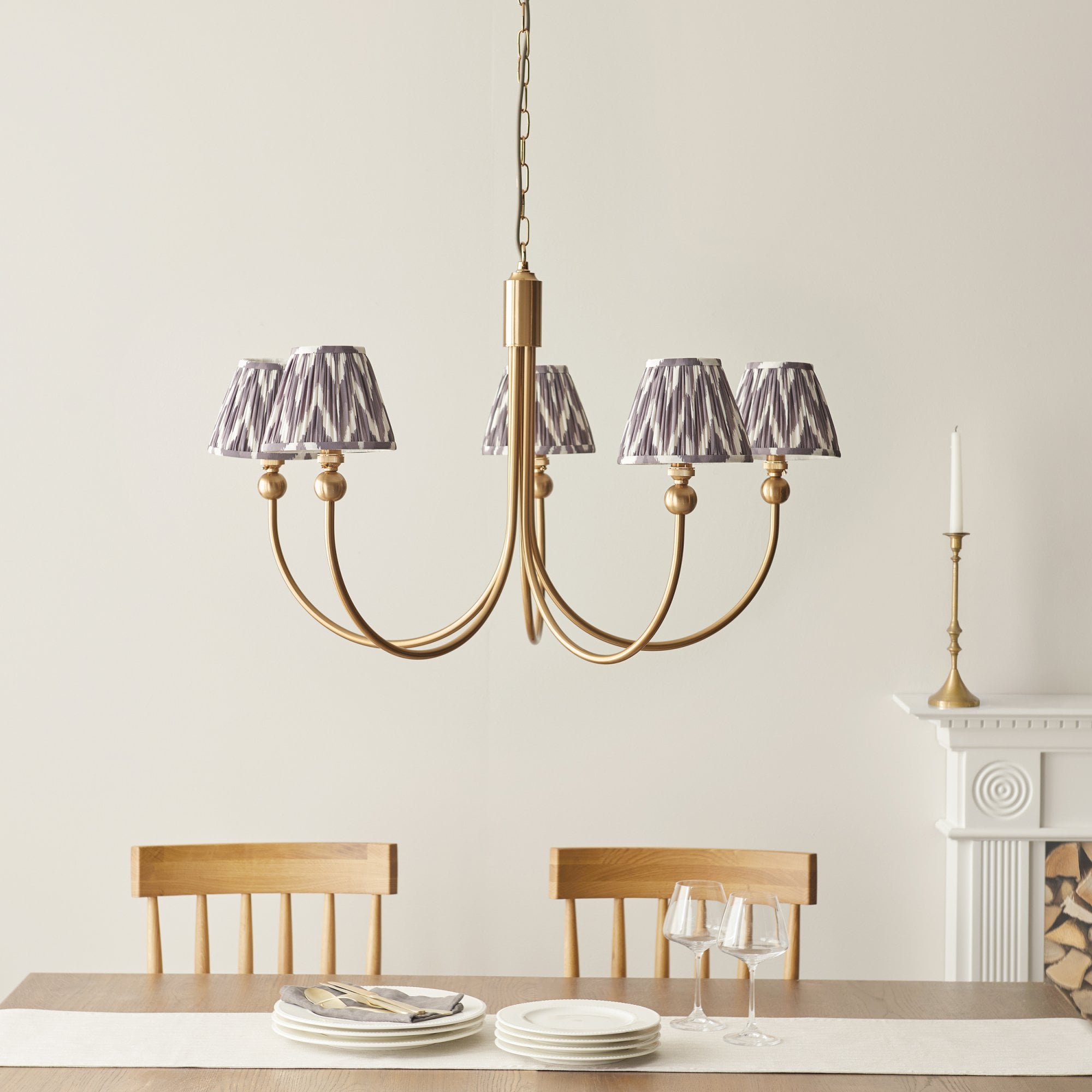 Endon Santiago Curved Brushed Aged Brass 5 Light Pendant & Zigzag 16cm Pearl Grey Shade