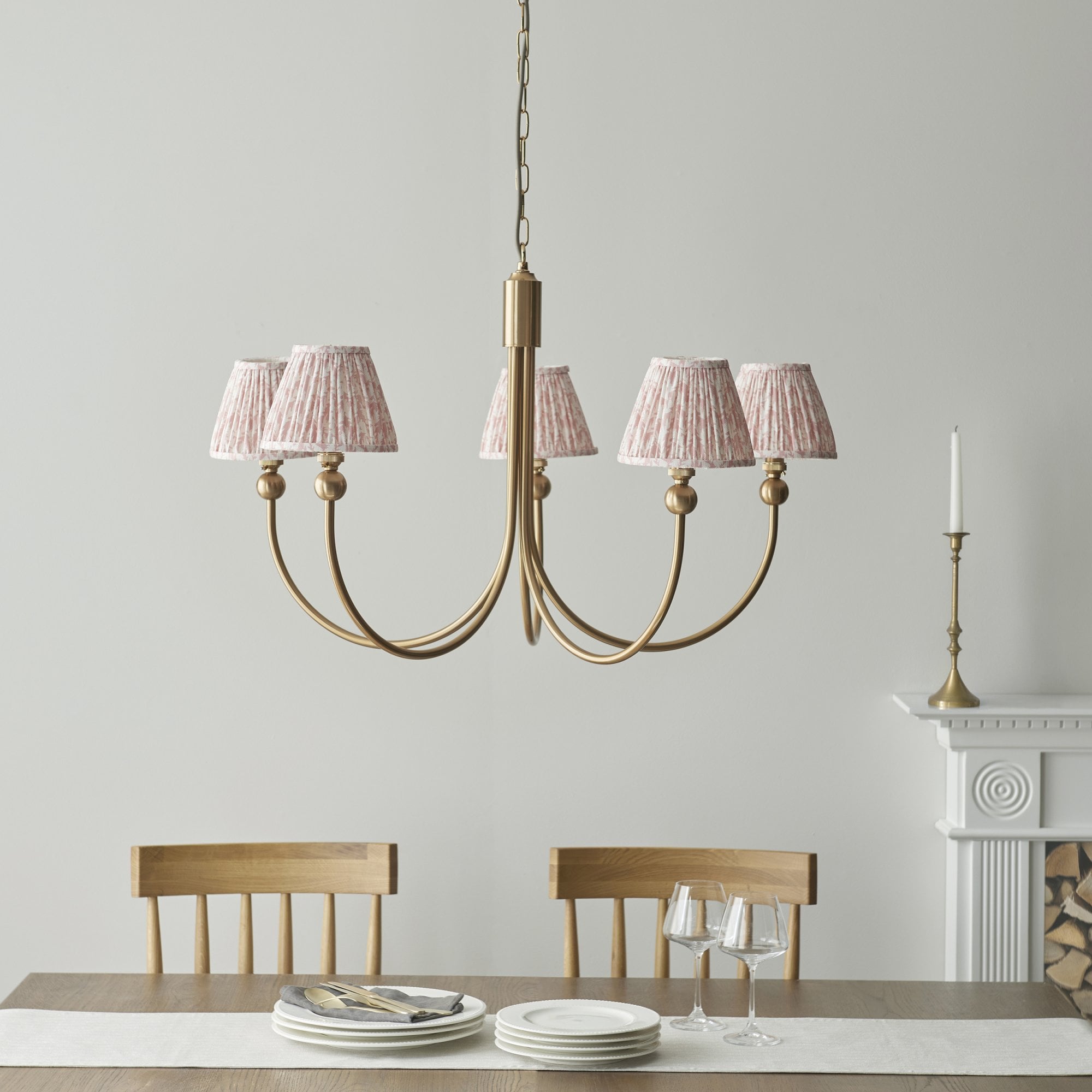 Endon Santiago Curved Brushed Aged Brass 5 Light Pendant & Leaf 16cm Peachy Keen Shade