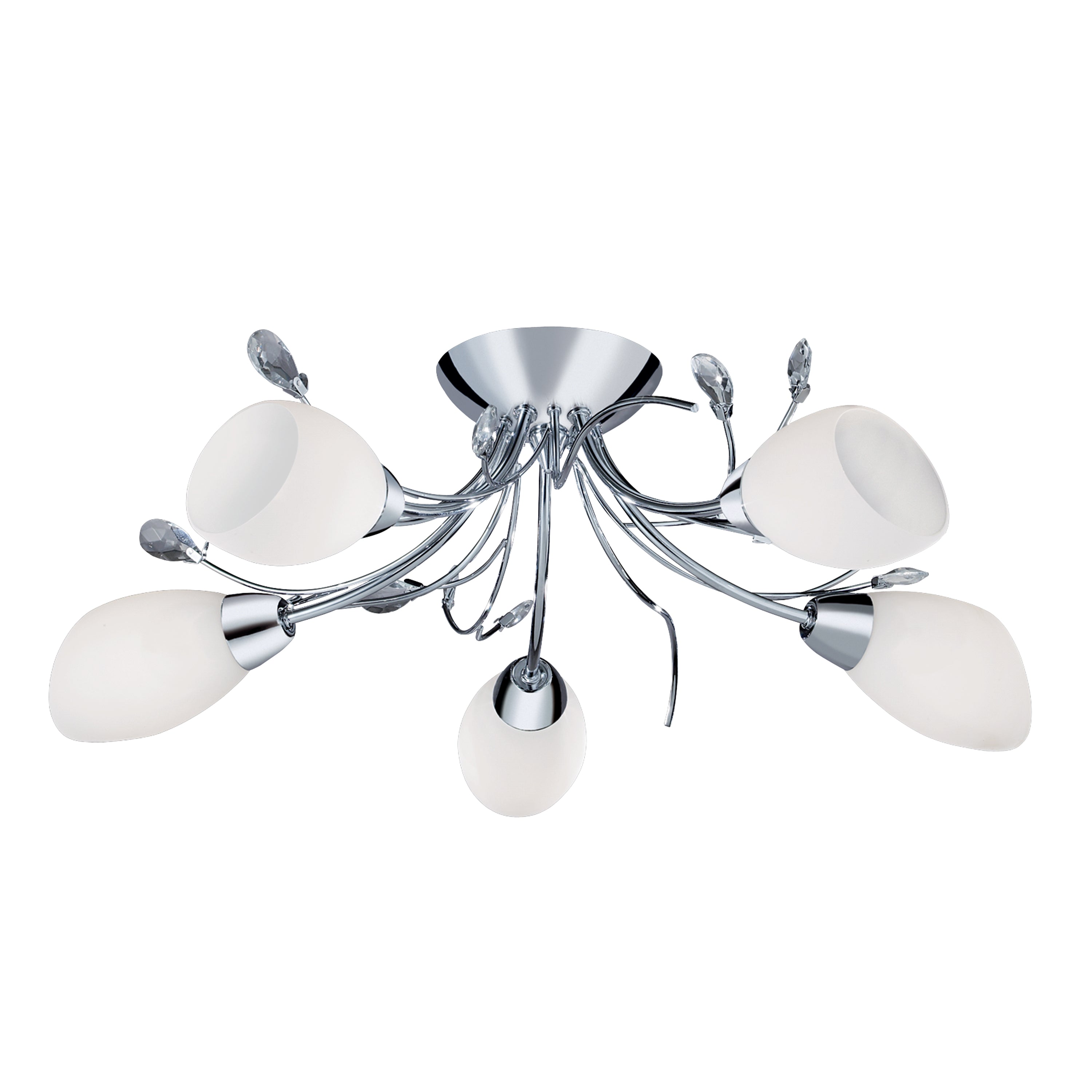 Searchlight Galton Chrome 5 Light Semi-Flush Fitting With Crystal Detail & Opal Glass Shades