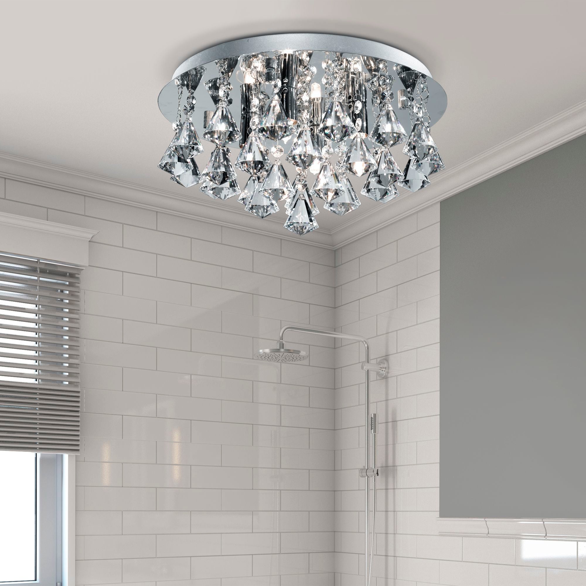 Searchlight Barmouth Bathroom IP44 - 4 Light Crystal Ceiling Flush Fitting, Clear Pyramid Crystal Drops, Chrome