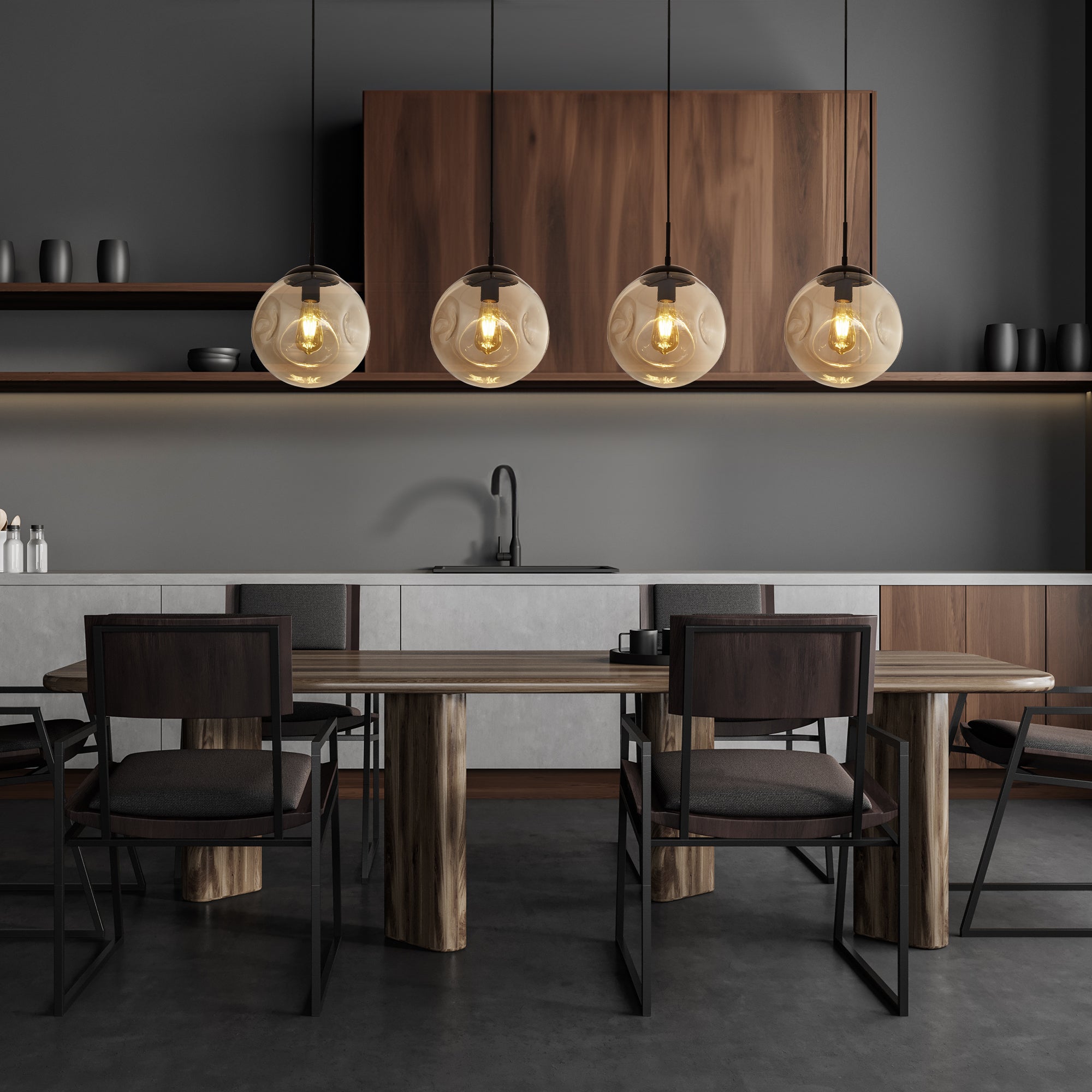 Searchlight Phoebe 4 Light Bar Pendant - Black Metal & Champagne Phoebeed Glass