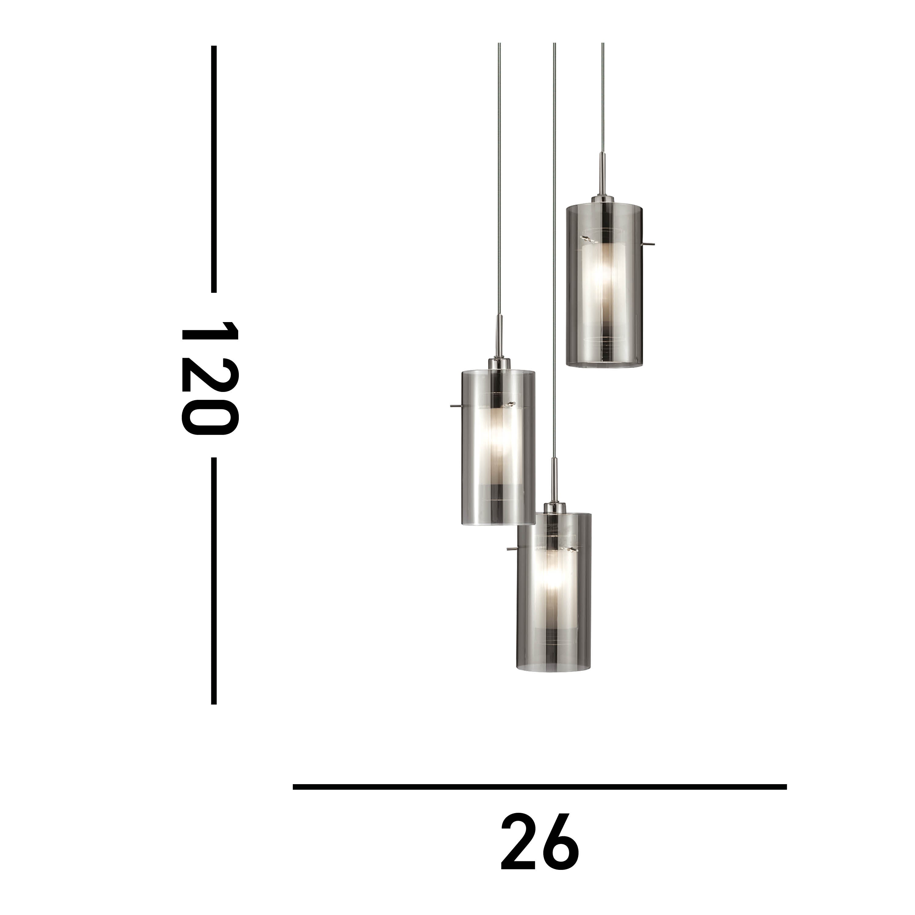 Searchlight Dawson 2 Chrome 3 Light Multi - Drop Pendant With Smoked Glass Cylinder Shades