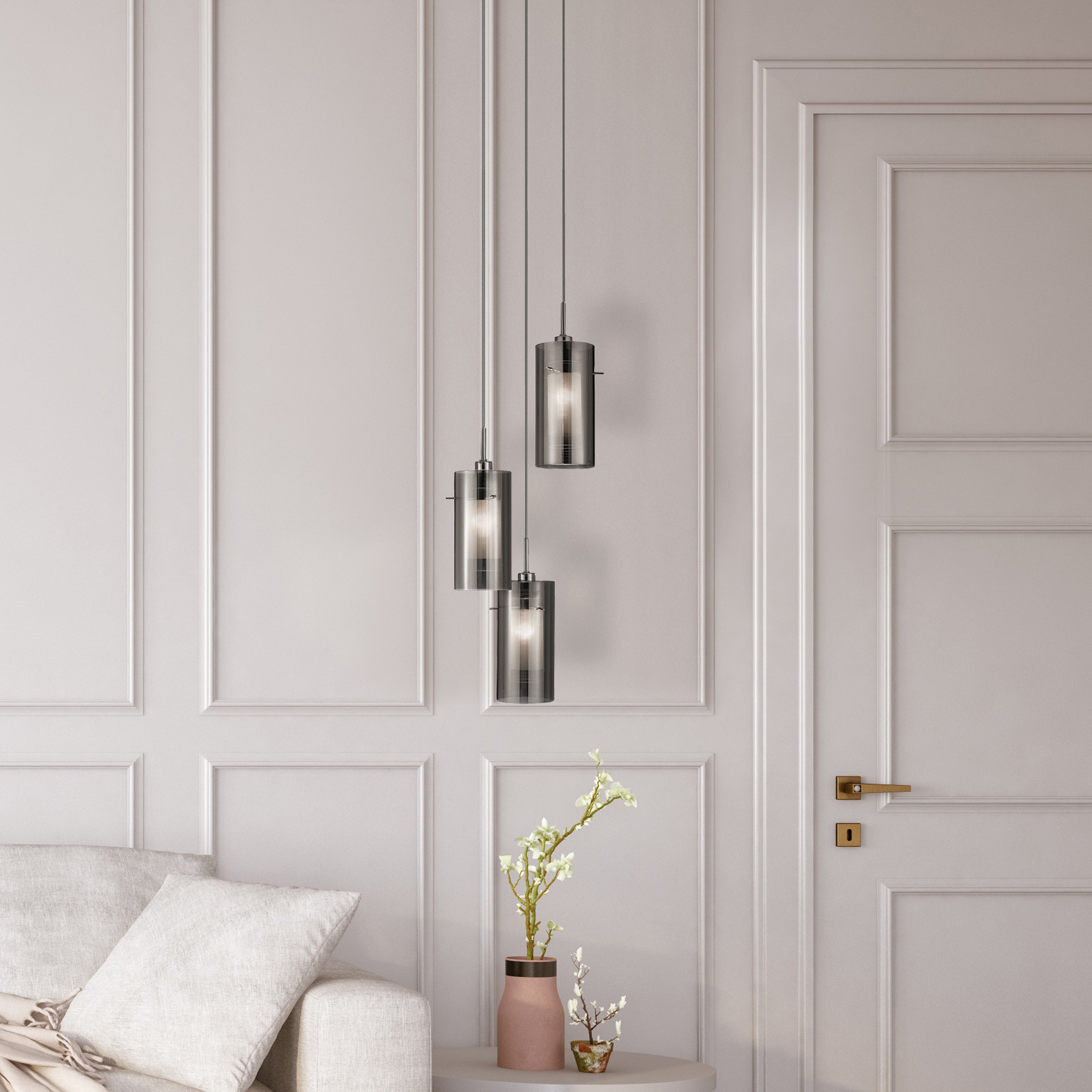 Searchlight Dawson 2 Chrome 3 Light Multi - Drop Pendant With Smoked Glass Cylinder Shades