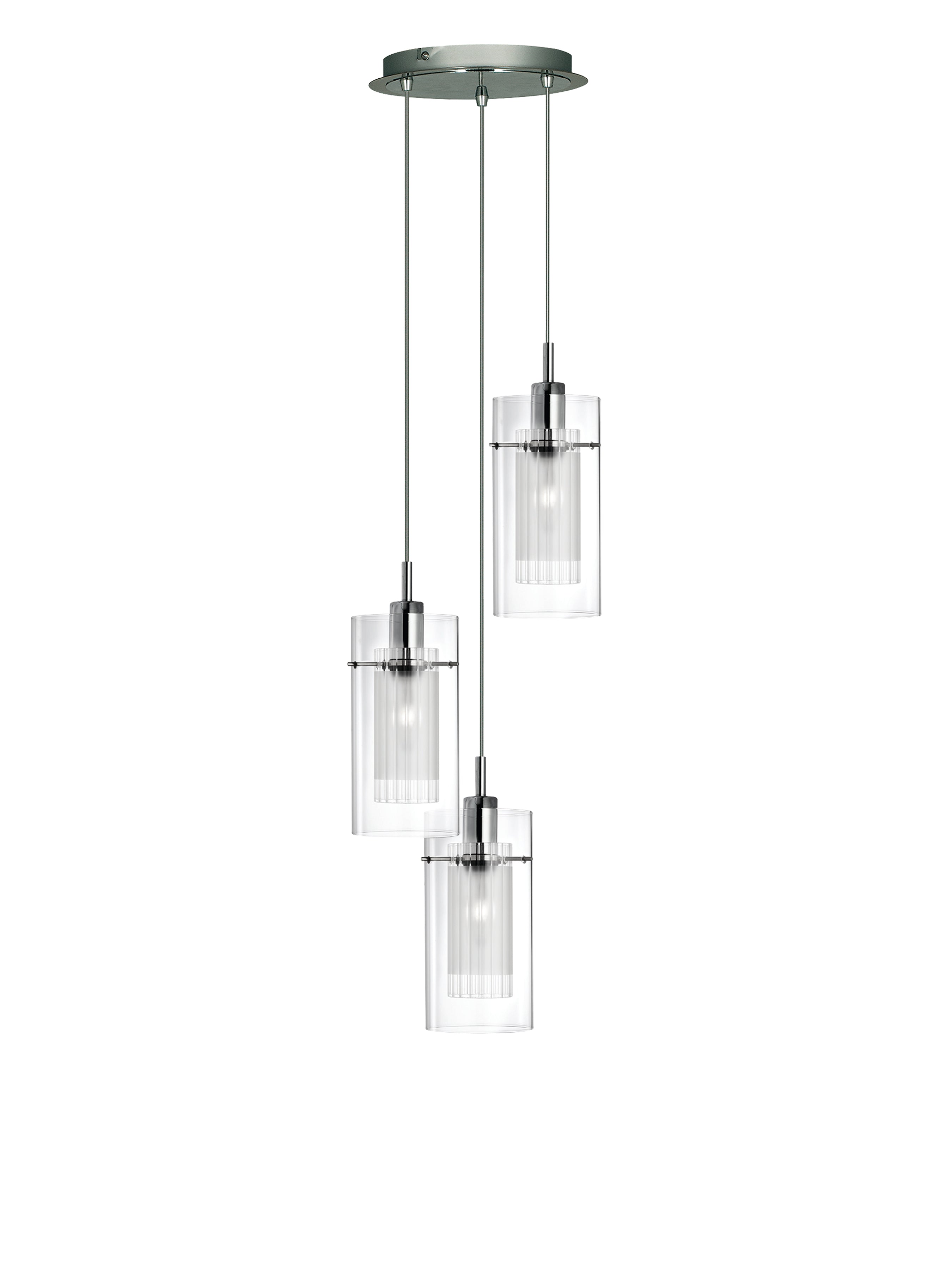 Searchlight Dawson 1 Chrome 3 Light Multi - Drop Pendant With Double Glass Cylinder Shades