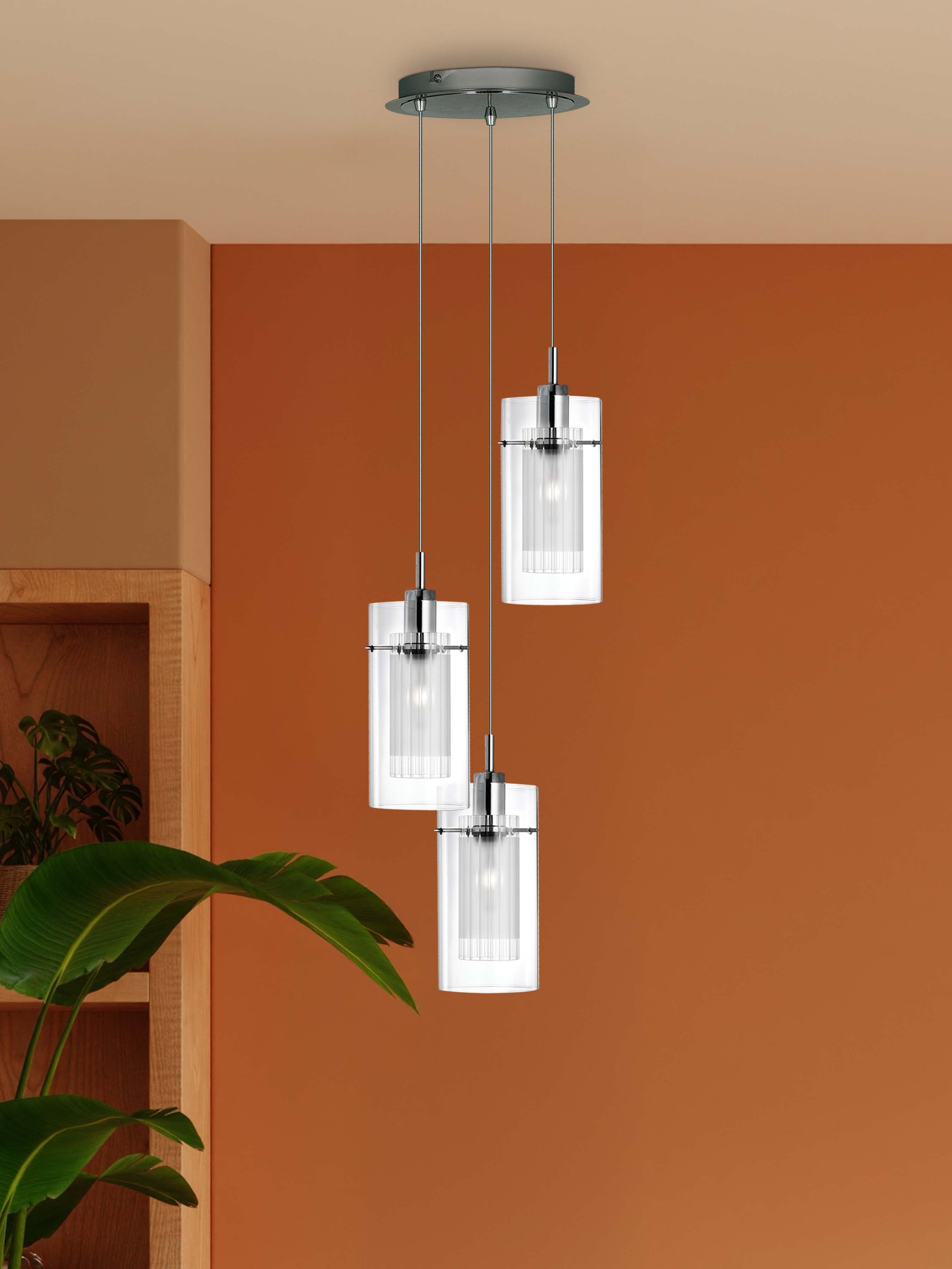 Searchlight Dawson 1 Chrome 3 Light Multi - Drop Pendant With Double Glass Cylinder Shades