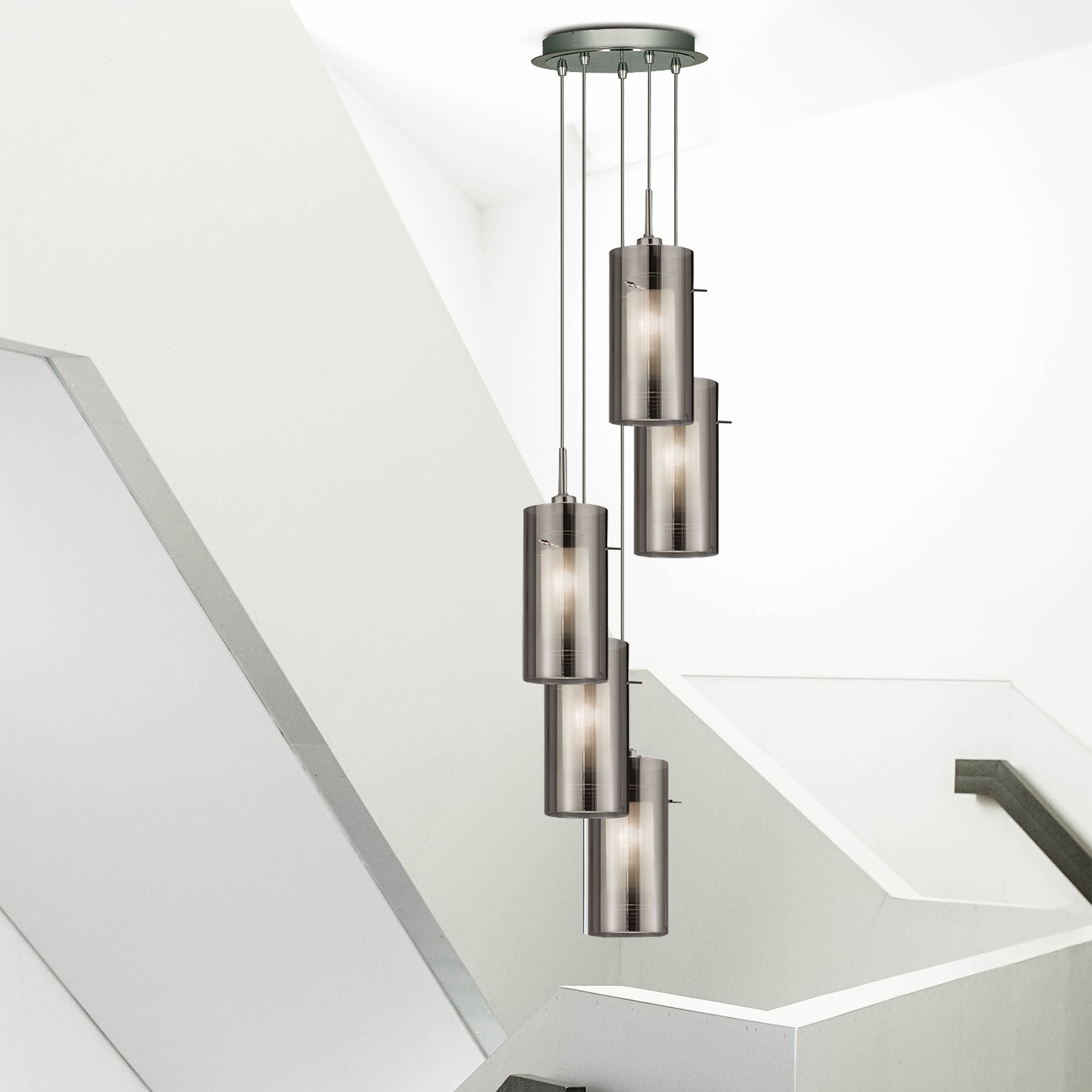 Searchlight Dawson I 5 Light Pendant - Satin Silver & Smoked Glass