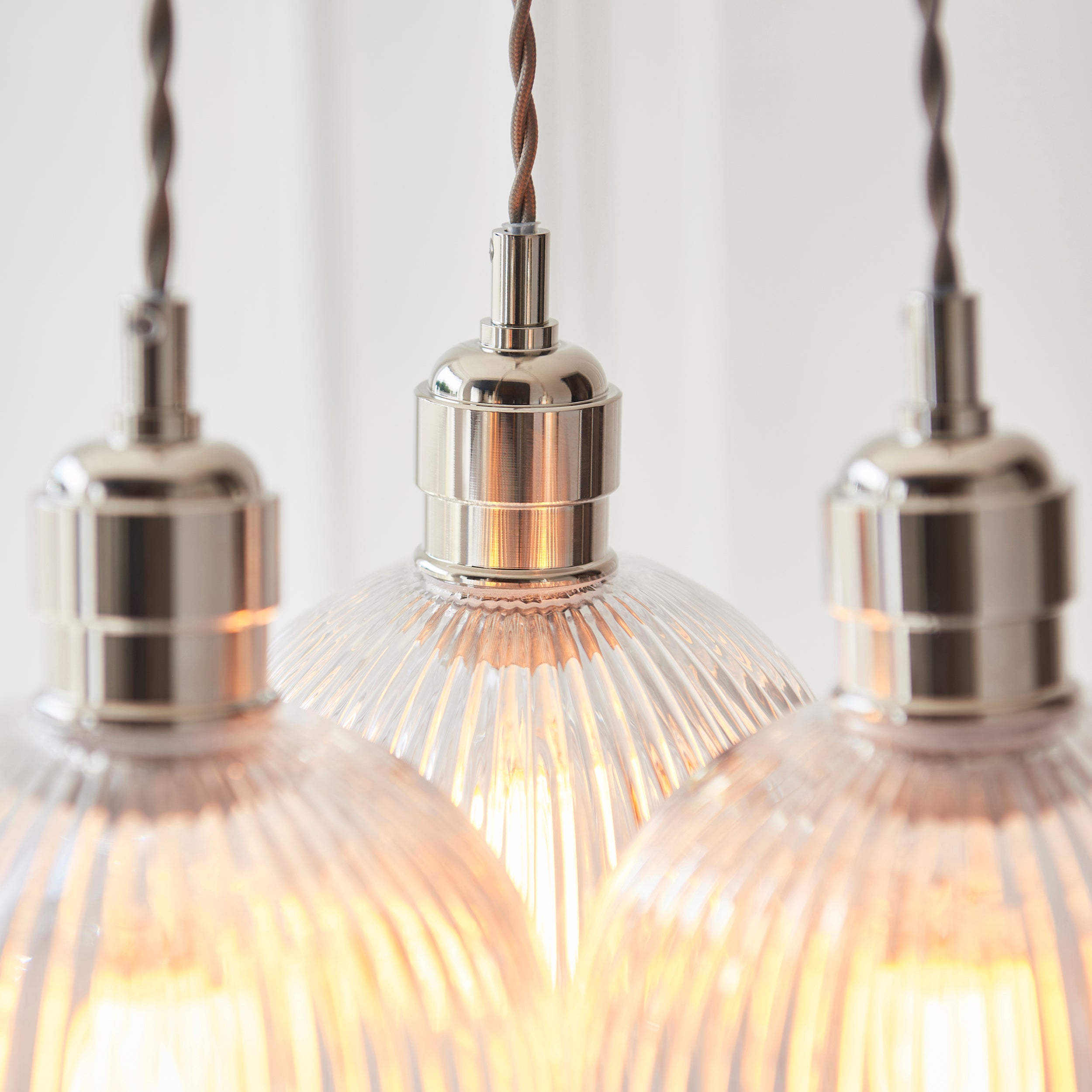 Utopia Finesse 3 Light Cluster Ceiling Pendant - Bright Nickel & Clear Ribbed Glass
