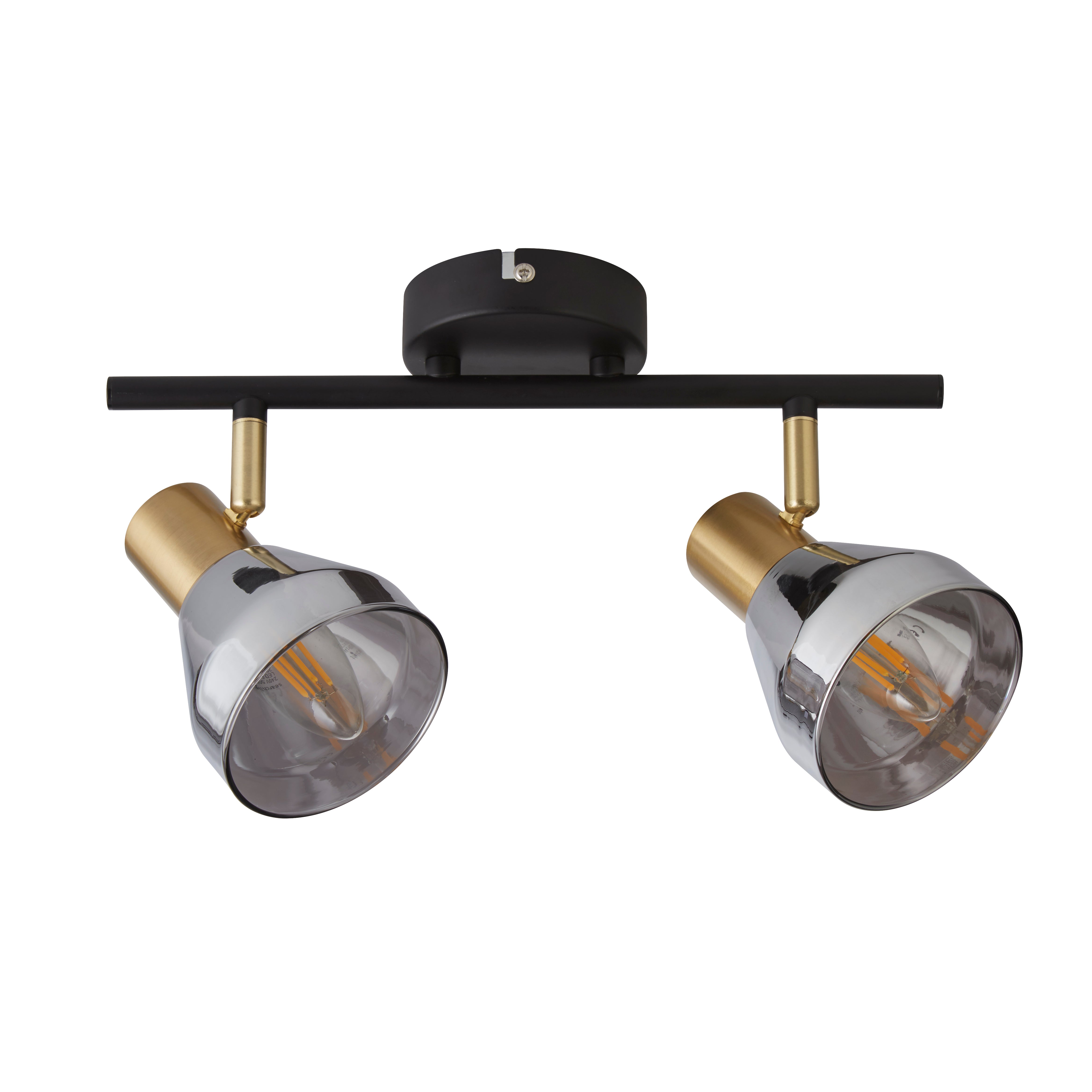 Searchlight Westfield 2 Light Spotlight - Black, Satin Brass & Smoked Glass