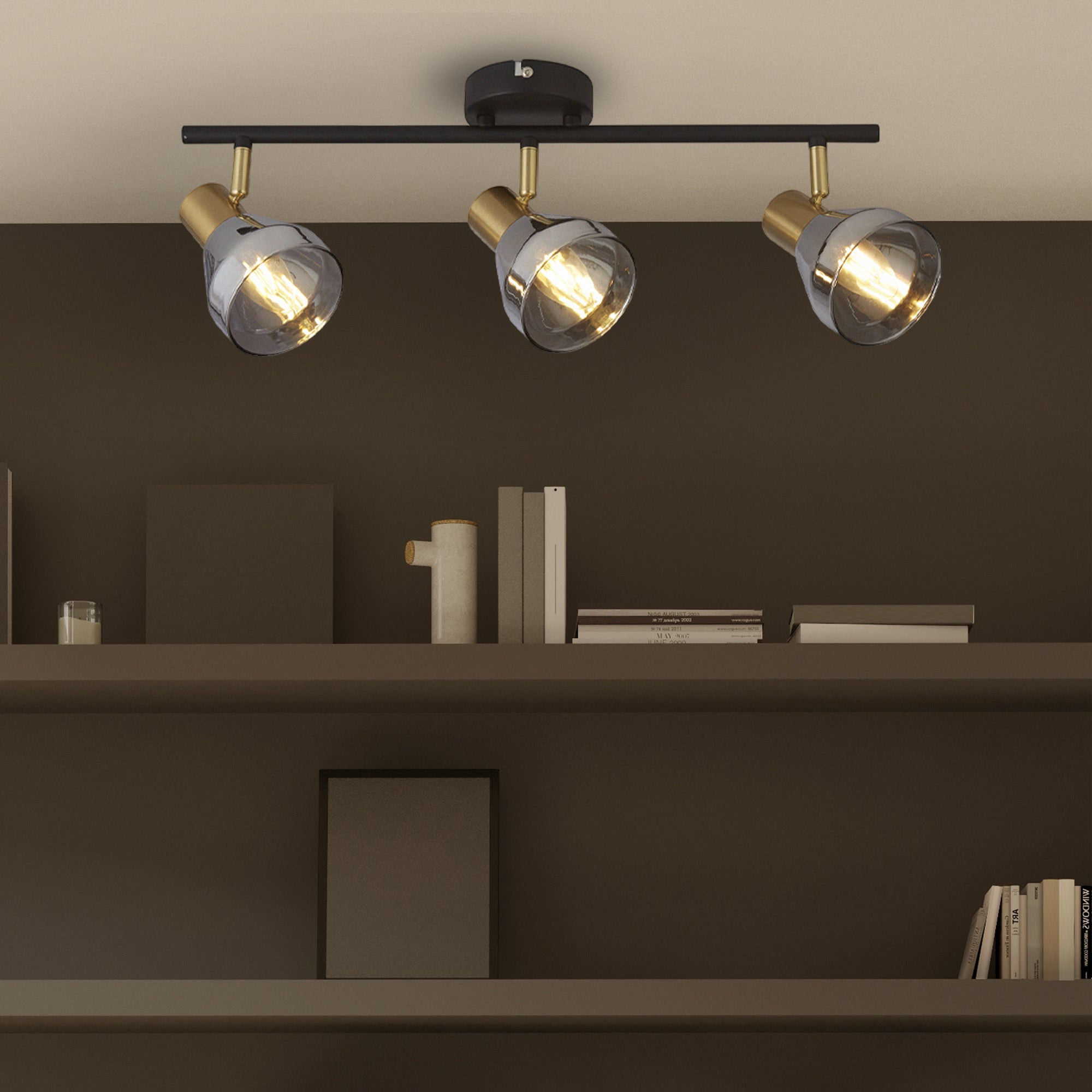 Searchlight Westfield 3 Light Spotlight- Black, Satin Brass & Smoked Glass