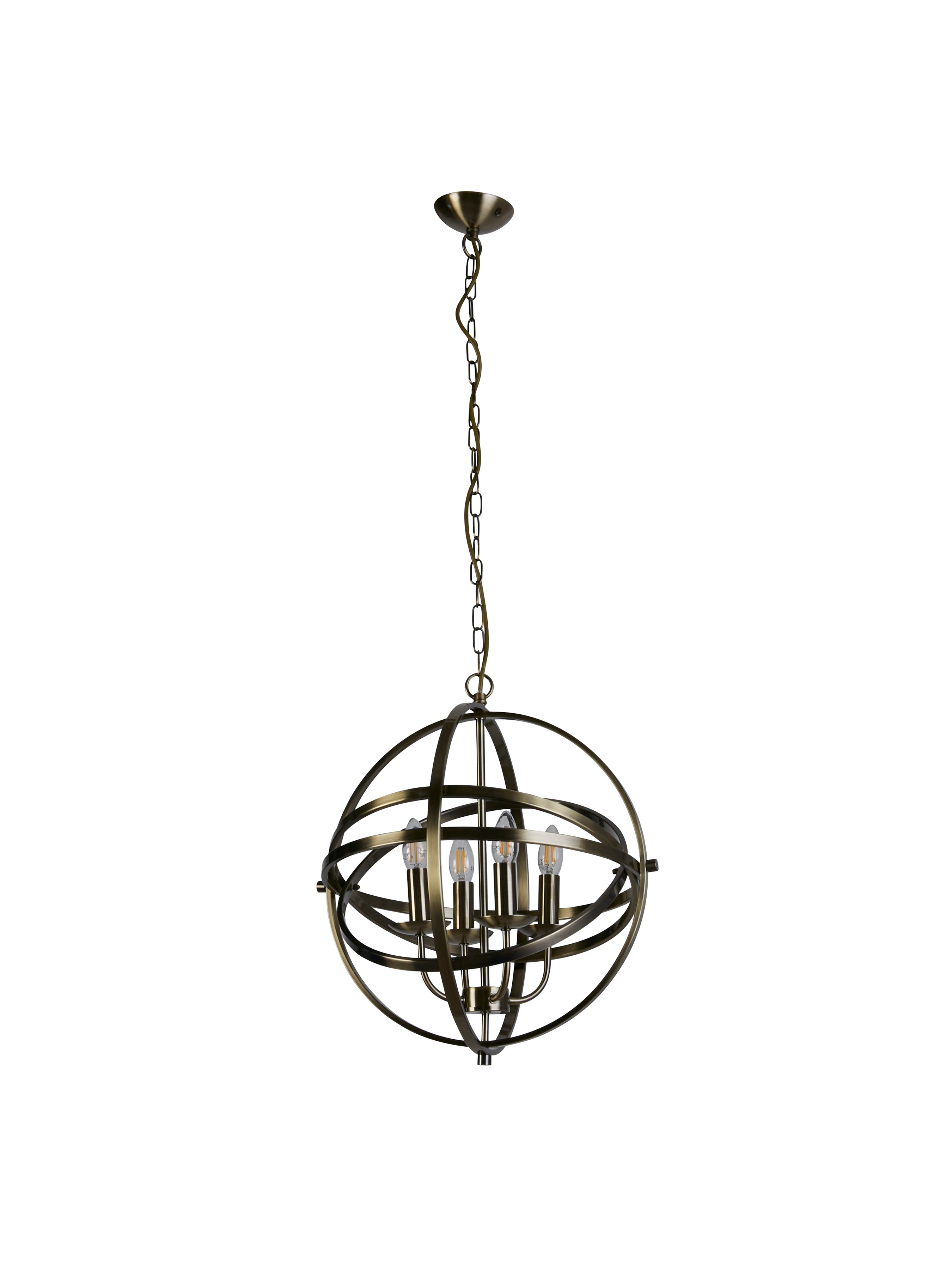 Searchlight Oliver 4 Light Cage Frame Orb Pendant, Antique Brass