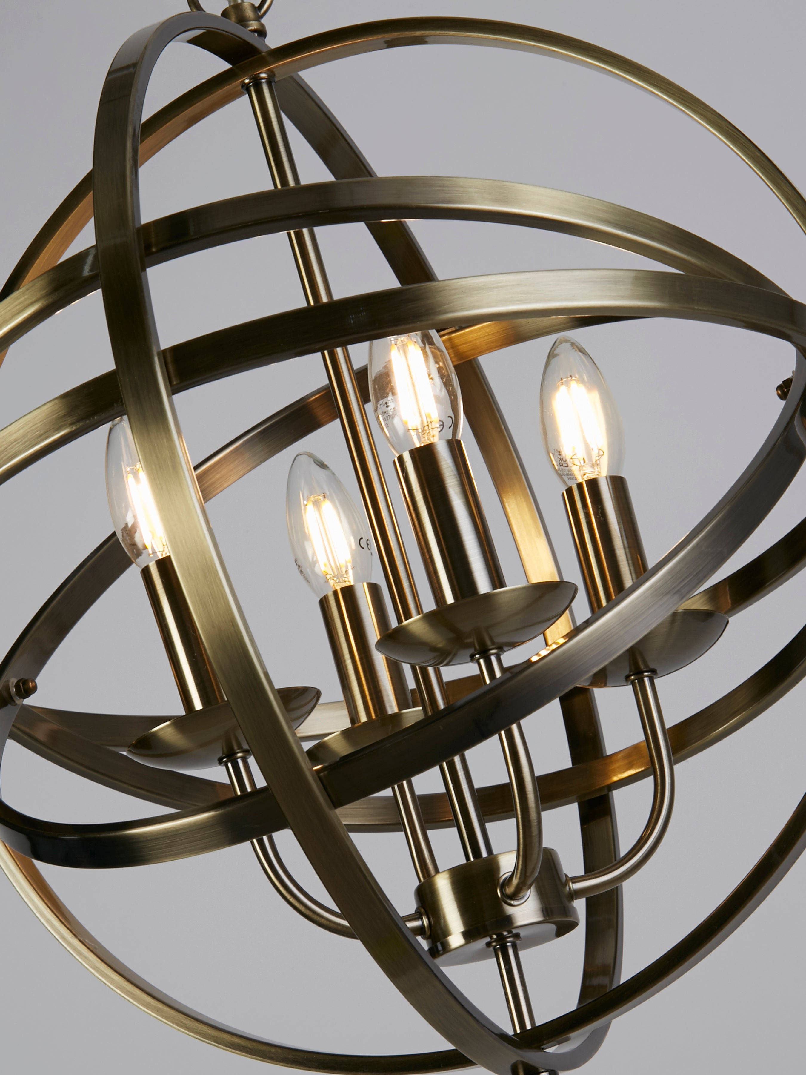 Searchlight Oliver 4 Light Cage Frame Orb Pendant, Antique Brass