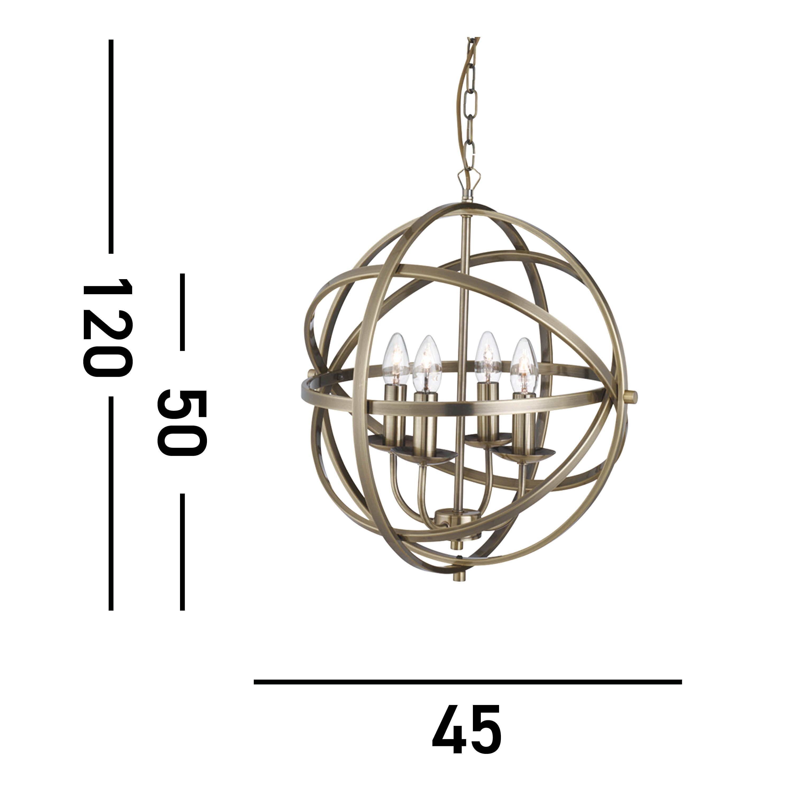 Searchlight Oliver 4 Light Cage Frame Orb Pendant, Antique Brass