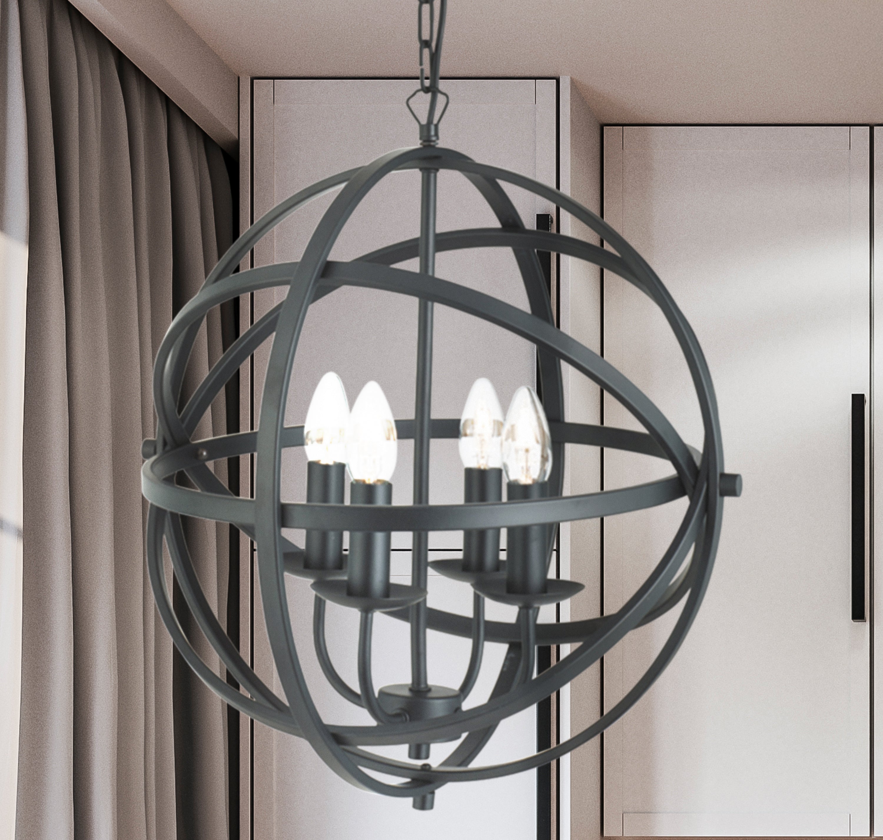 Searchlight Oliver 4 Light Cage Frame Orb Pendant, Matt Black