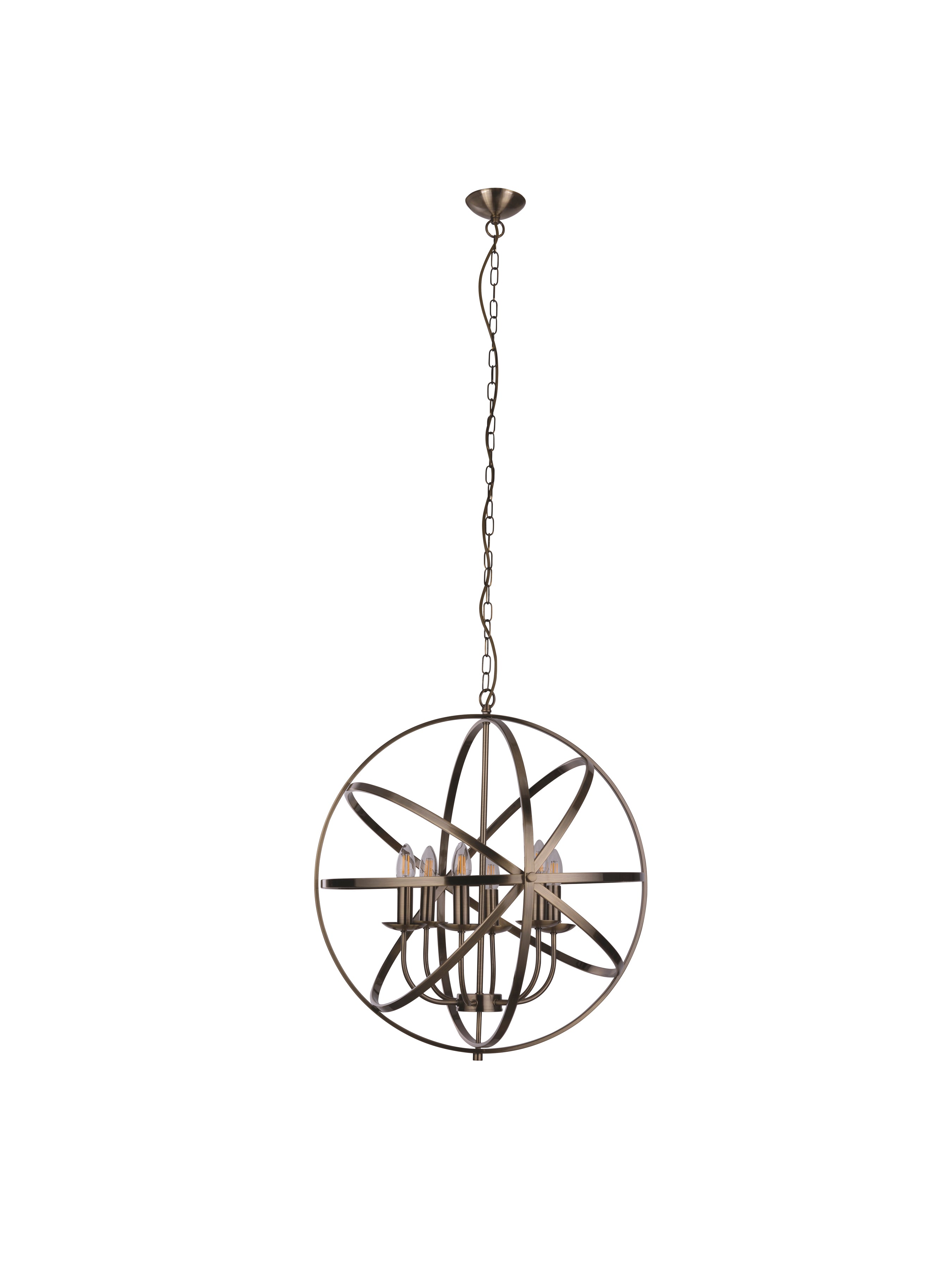 Searchlight Oliver 6 Light Cage Frame Orb Pendant, Antique Brass