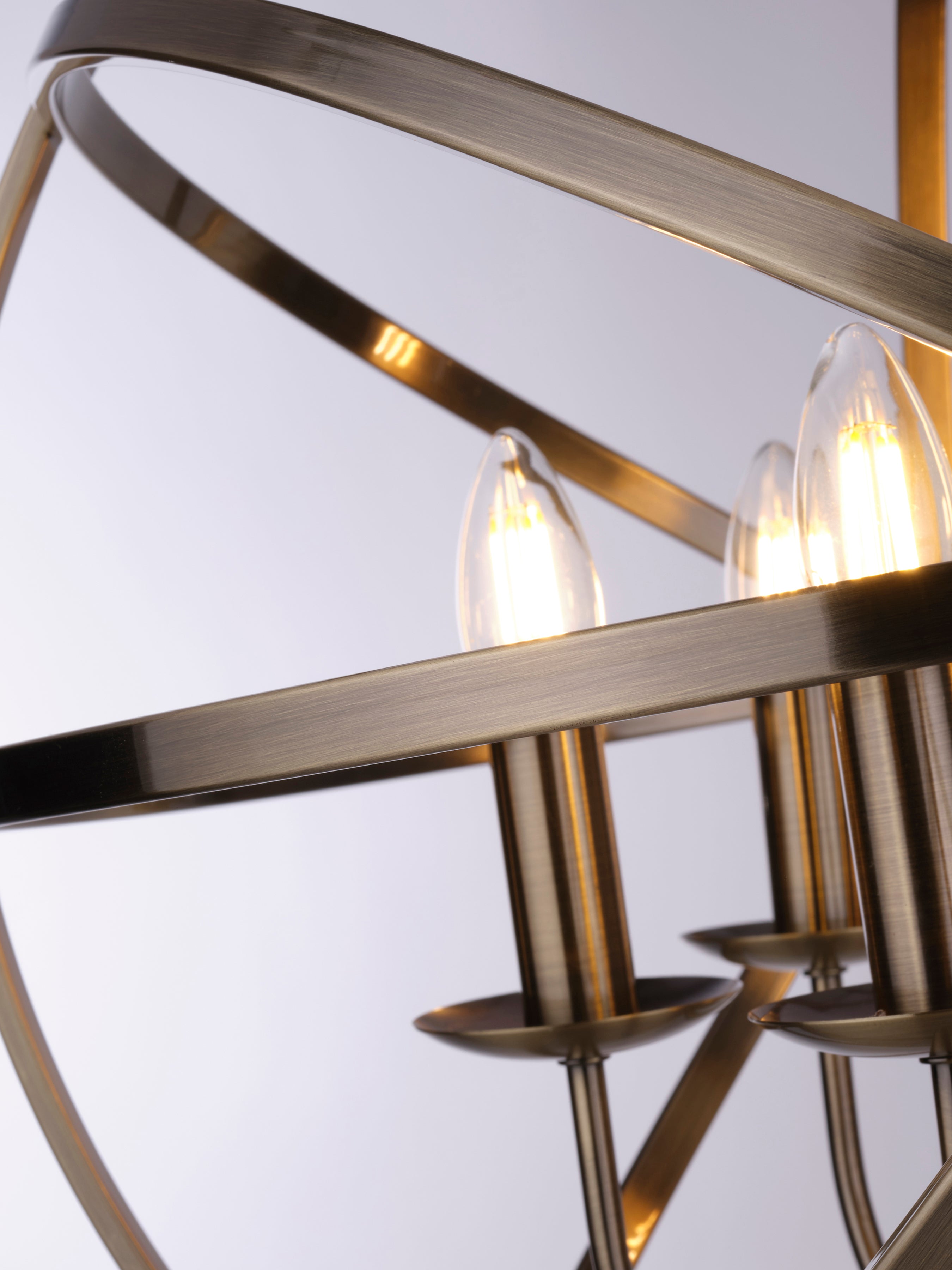 Searchlight Oliver 6 Light Cage Frame Orb Pendant, Antique Brass