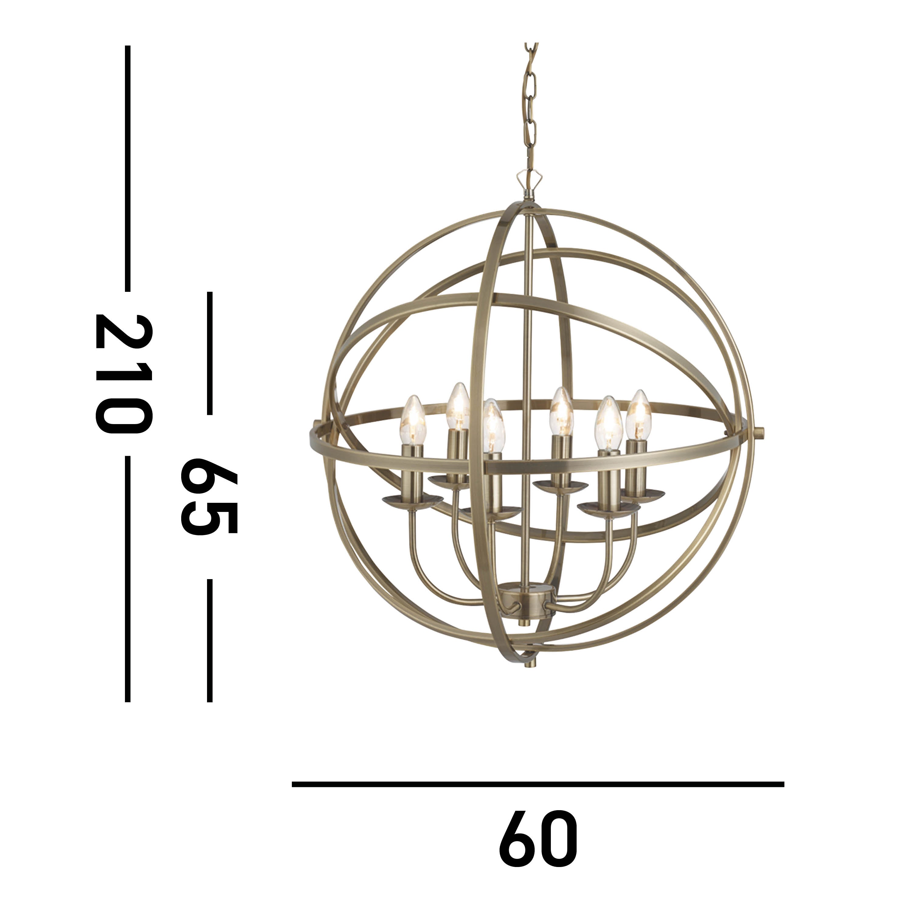 Searchlight Oliver 6 Light Cage Frame Orb Pendant, Antique Brass
