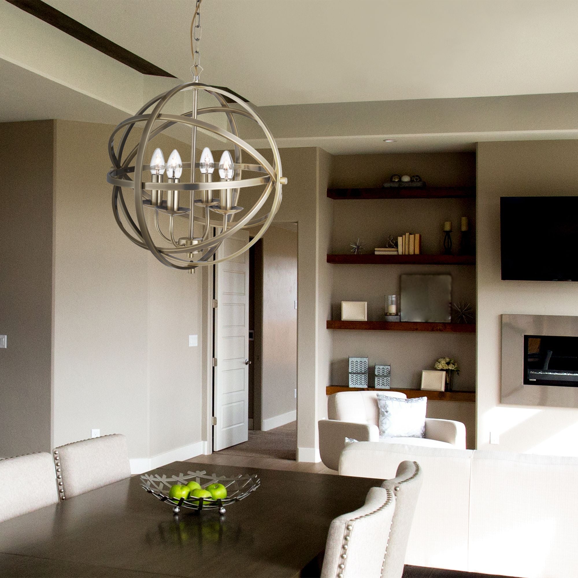 Searchlight Oliver 6 Light Cage Frame Orb Pendant, Antique Brass