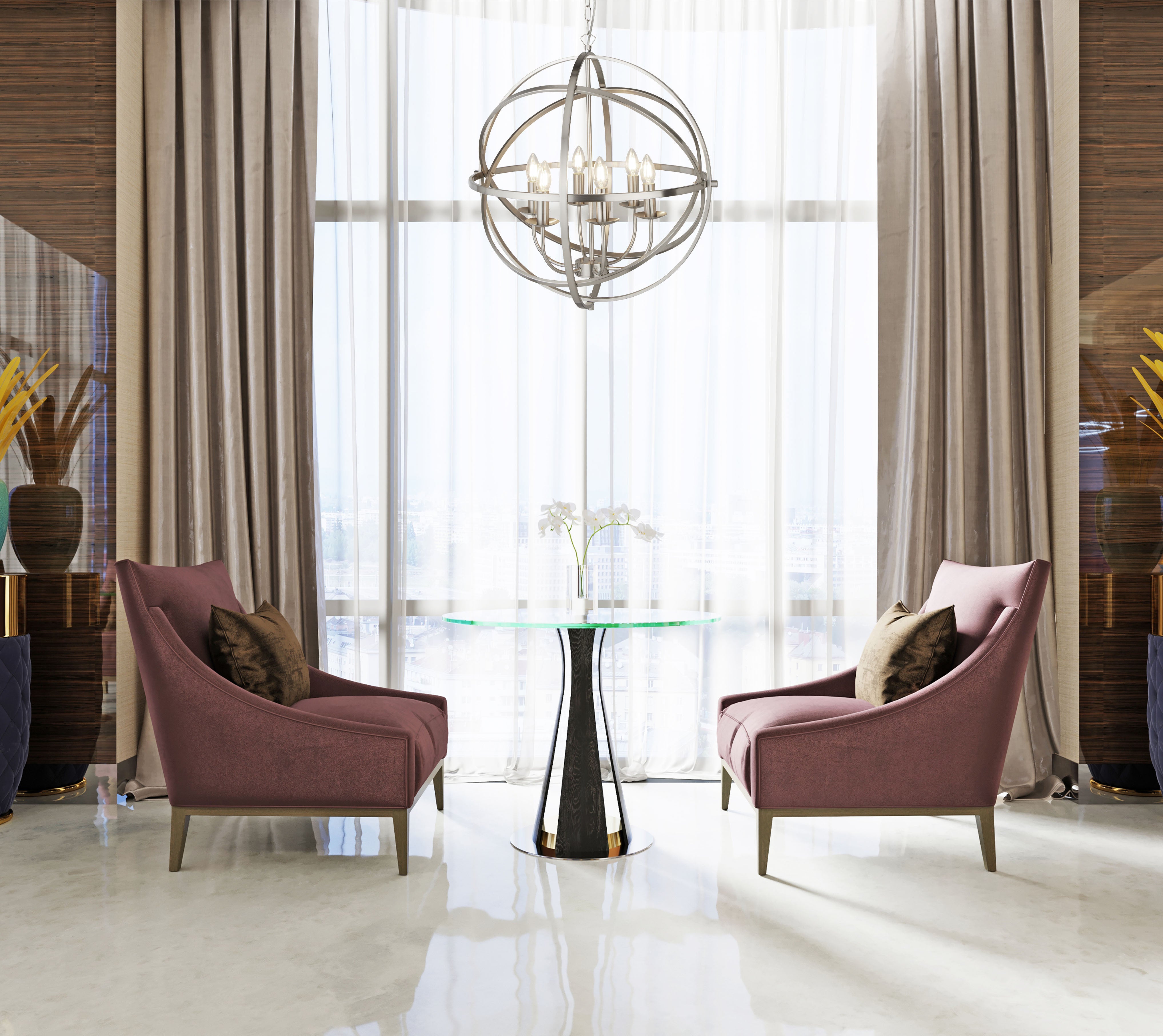 Searchlight Oliver 6 Light Cage Frame Orb Pendant, Satin Silver